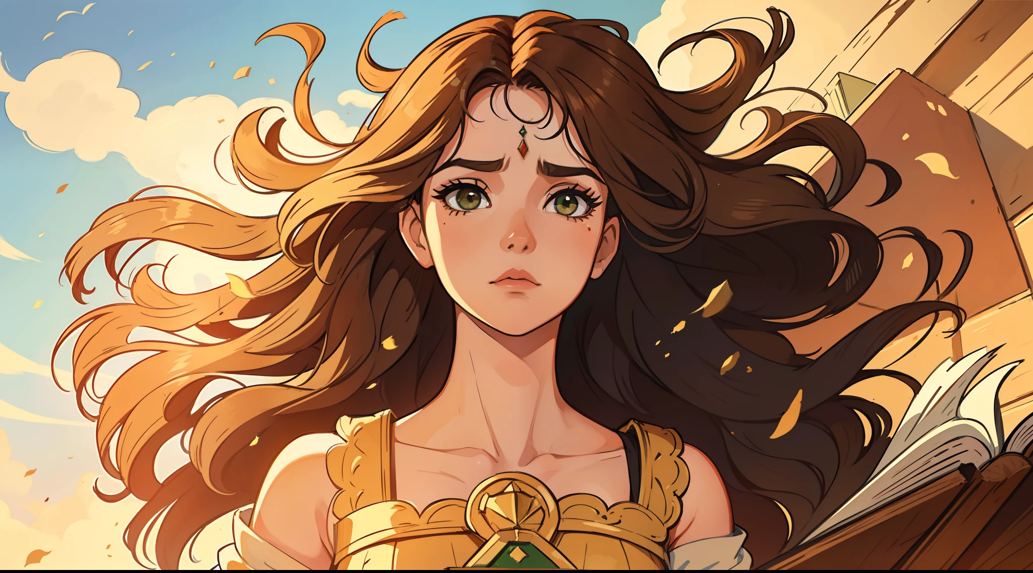 Uma bela mulher madura de olhos verdes e cabelos castanhos longo ondulado (brown hair) (Detailed strokes) Princess eyes Sexy curvy eyelashes A wooden wall background with bookcases Expressive drama with a sad look of concern An art for an RPG A medieval art for an RPG ((cabelo comprido) ((cabelo longo))