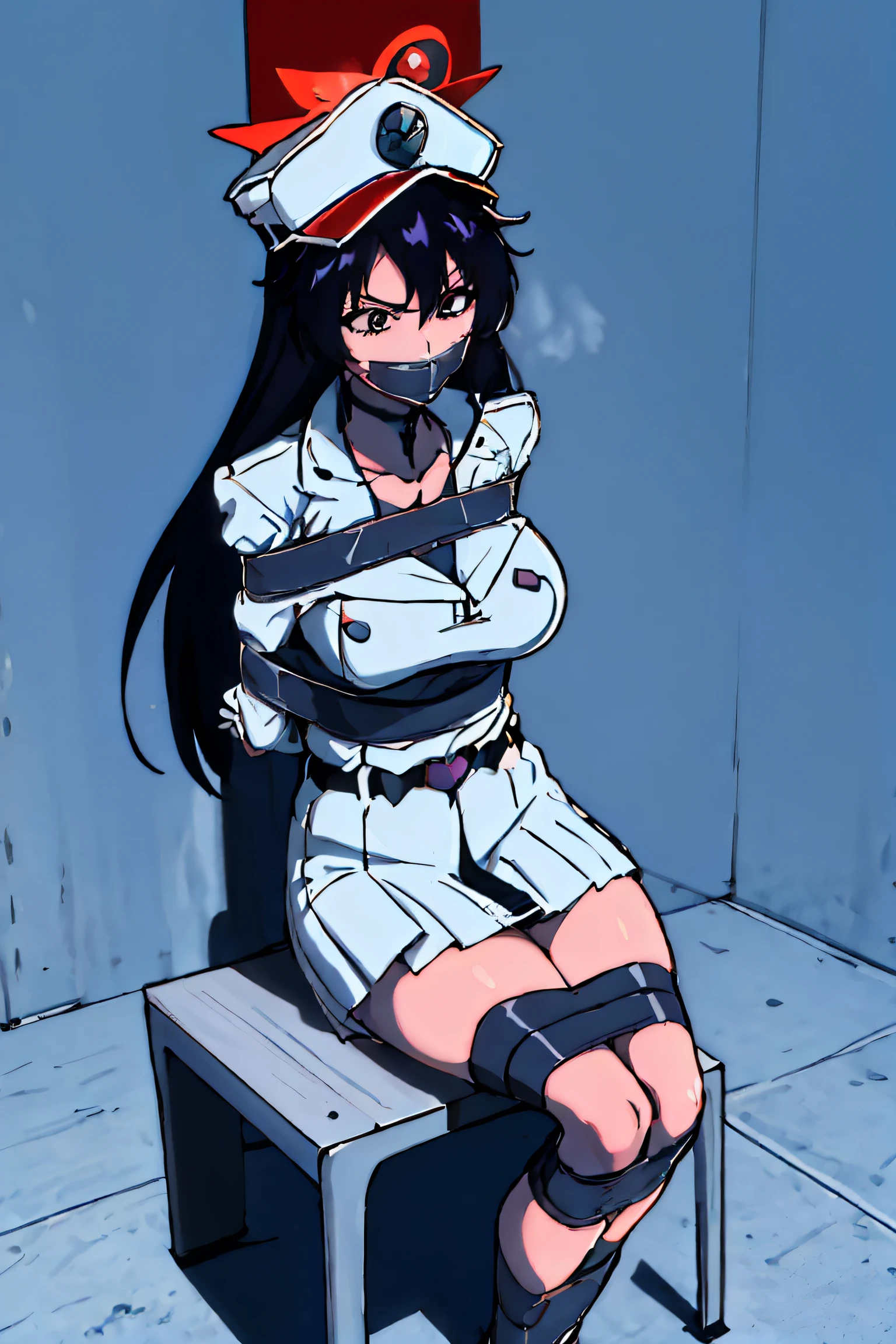 (absurdres, 8k, 4k, masterpiece, hyper extreme detailed:1.2), ((masterpiece,best quality)), absurdres, anime character, girl, female, 1girlwings belt 1girl military form, bound, bondage, (arms behind back:1.4), bdsm, tape gag, tape, tape bondage, close-up, restrained, best anatomy, curled up, full body, standing, taped thighs, taped legs, legs together, sitting, chair, tape wrapped, wrap gag, white attire, bambietta ,anime character girl sexy female highly detailed bleach woman beautiful bambietta, black hair, white outfit, big breasts, cap, hat,