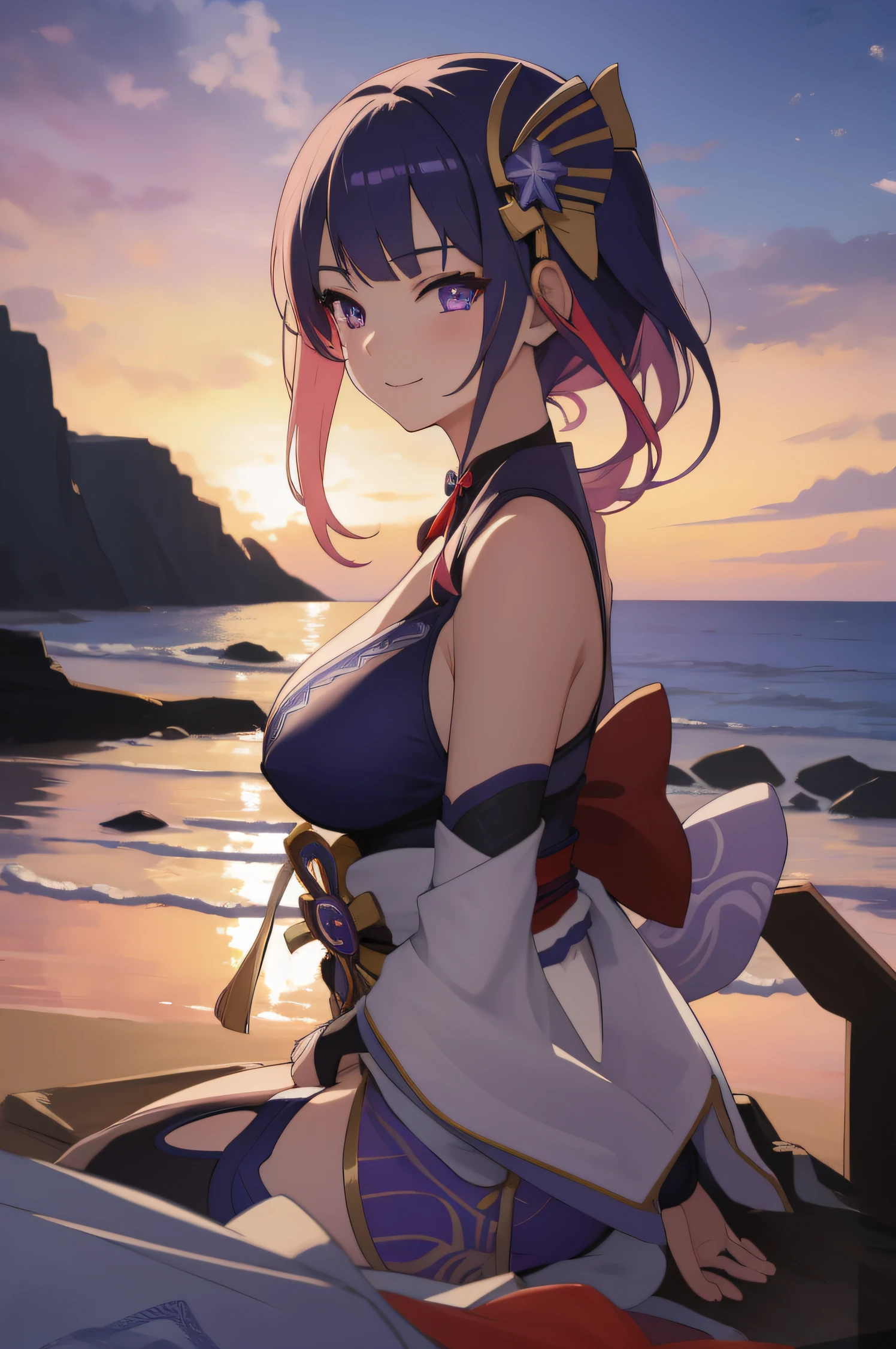 (masterpiece, best quality, detailed) ,1girl,raidenshogundef ,in bikini sitting on the beach, seductive anime girl, attractive anime girl, beautiful anime girl, beautiful alluring anime woman, pretty anime girl, 4k anime wallpaper, anime best girl, in the beach, beautiful anime woman, (anime girl), at the beach,eye details,teasing smile, clean detailed anime art,high resolution, (perfect hands, perfect anatomy),