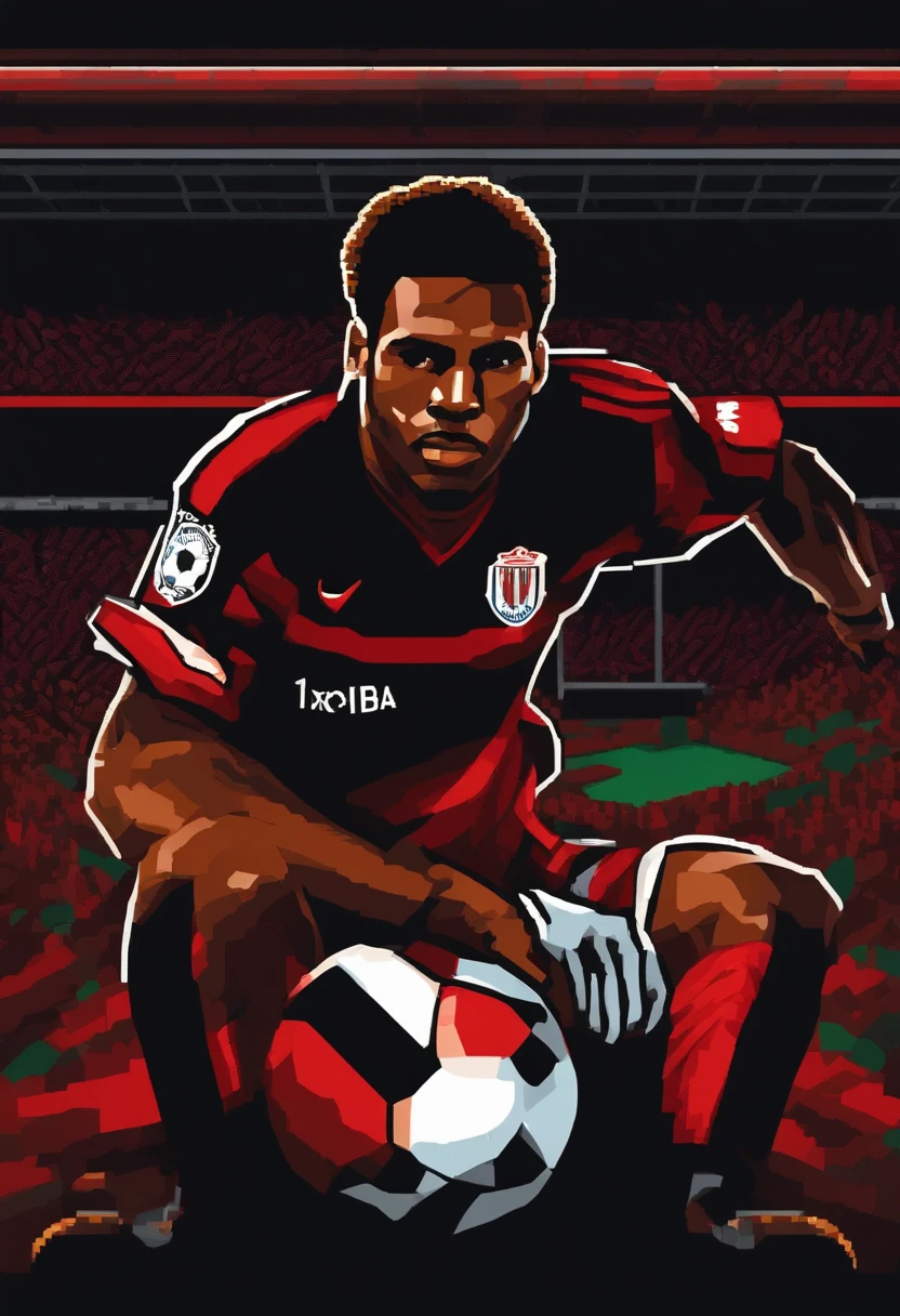 Jogador de futebol negro careca. Camisa vermelha e preta. pixel art 8 bits.