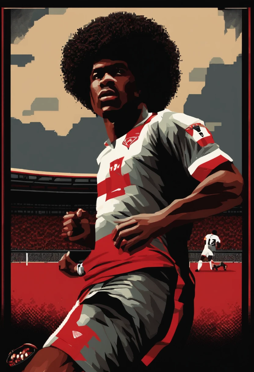 Jogador de futebol negro careca. Camisa vermelha e preta. pixel art 8 bits.