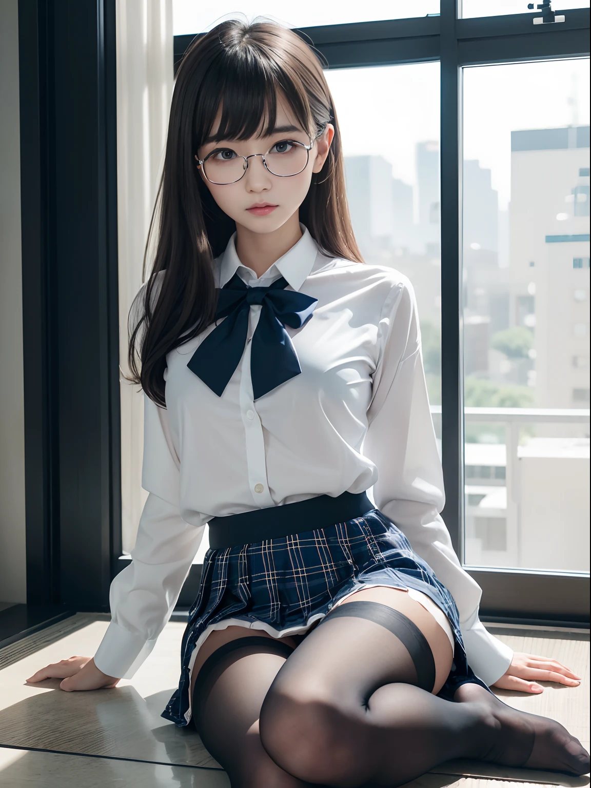 (Underwear is visible),（8K、Raw photography、top-quality、​masterpiece：1.2),((small tits))、((small tits))、((small tits))、((small tits))、((small tits))、((A-cup))、((A-cup))、((A-cup))、((A-cup))、((A-cup))、Has a small、(flat breast)、(flat breast)、(flat breast)、(flat breast)、(flat breast)、(being thin)、Rasping,glamor,Chromo-white skin,cocky,School,watching at viewers,Looking at the front,Muchimuchi,High-pitched clothing,Erotic,Pupils,de pele branca,kne,((Black pantyhose)),absurderes,a small face,,Forehead visible,Bangs hanging from the left and right sides of the forehead,(a cold expression,Tight eyes,glares,Bullish,irate)、​masterpiece,top-quality、超A high resolution,Raw photo,ren,Beautiful fece,One Person, 独奏,eye glass,,Dark look,Small breasts,fullllbody,Round glasses,JK school uniform,hi-school girl,A Japanese Lady,is standing,（Photorealsitic：1.37）、Photon mapping,Realistic、Beautie,Cute little face,Brown-eyed、Black socks、(Red bow tie)、Radio City、Physically Based Rendering、depth of fields、Blurry background、a picture,Body,beauty legs, Long legs, Thin leg,(Bangs are visible), hair, s lips, Blue_The eye, nosesoft,(Light blue shirt), (Navy and blue and white plaid pleated skirt), Knees are visible,Sheer clothing,, Thigh, Black cotton socks,Nogizaka Idol, 女優, Japanese ido