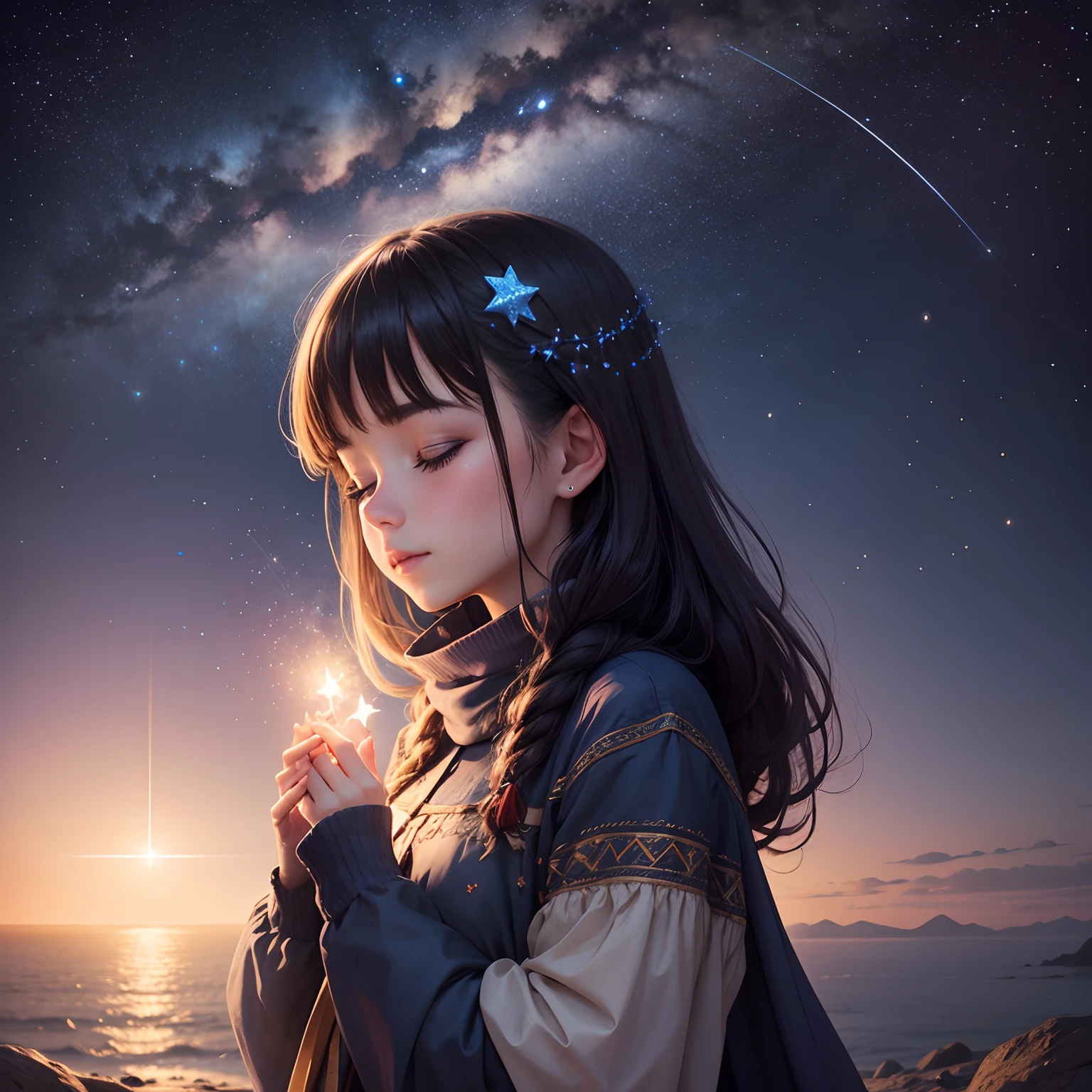 arafed baby sitting on the ground with a starr sky background, little girl with magical powers, floating in the cosmos nebula, birth of the universe, in a space starry, inspired by Ai Xuan, sitting on the cosmic cloudscape, on a galaxy looking background, waterfall backdrop, adorable digital painting, fantasy matte painting,cute, strange portrait with galaxy