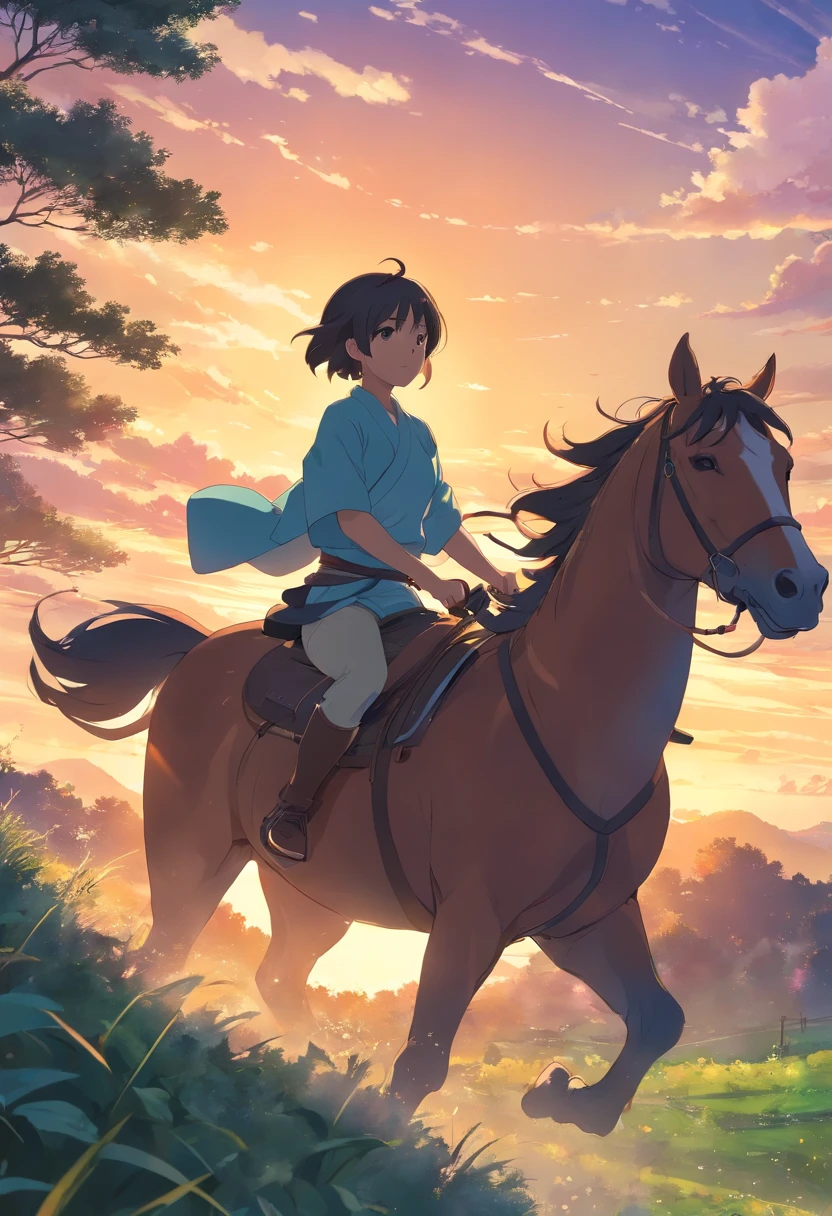 Two people riding on the back of a horse、Anime style、samurais、Masterpiece、top-quality
