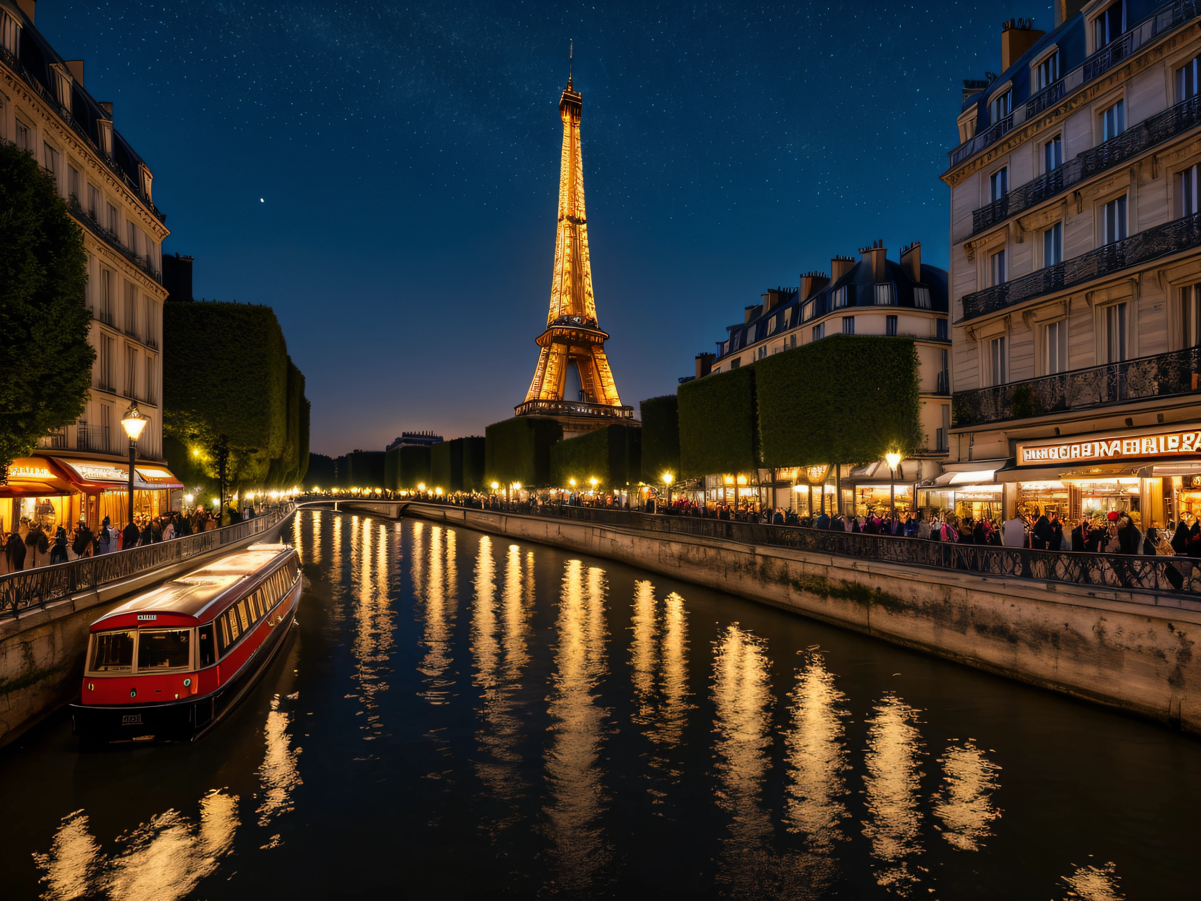 best quality,ultra-detailed,realistic,highres,(paris by night),dark ambiance,Eiffel Tower illuminated,romantic atmospheric scene,vivid colors,Haussmannian buildings,reflection on Seine River,streetlights,night sky with stars,lively atmosphere,moonlight,streets bustling with people,dazzling lights,car trails,glowing neon signs,shadows and highlights,nightlife,glamour and elegance,Parisian charm,mystery and intrigue,late-night cafes and bistros,moonlit walks along the river,peaceful and enchanting setting,city of love and lights,sparkling glimpses of magic