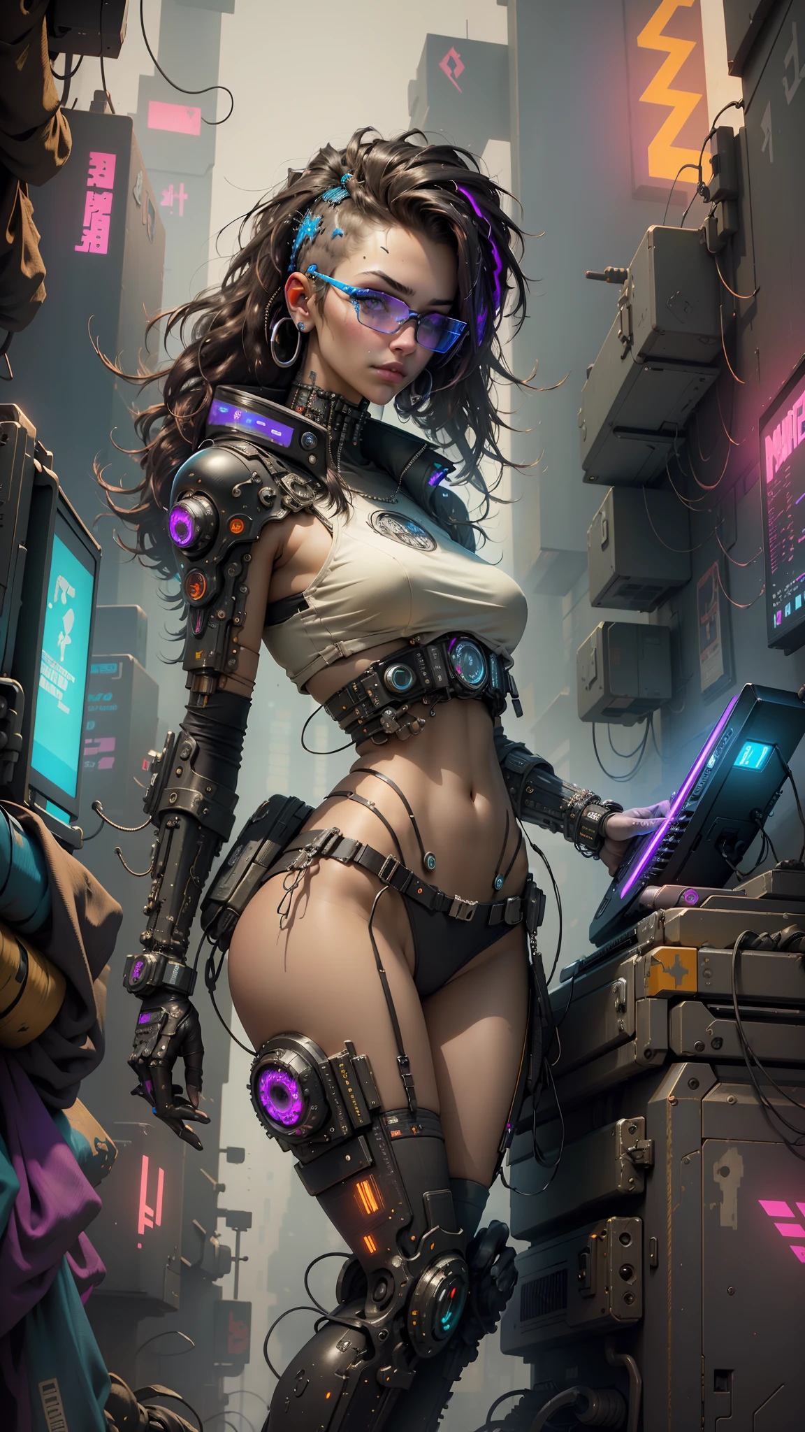 ((Best quality)), ((masterpiece)), (highly detailed:1.3), 3D, beautiful (cyberpunk:1.3) hacker woman with thick voluminous hair operating a computer terminal
