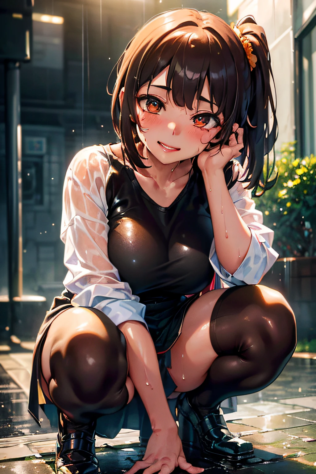 sologirl,Back alley in heavy rain,Drenched bad girl,piercings,Street fashion,(The whole body is soaking wet,Rainwater dripping from the face,Wet face,wetting hair,Wet and glowing skin,Soaking wet costumes,),(Glossy light brown and orange two-tone hair,Short ponytail),(The composition of the princess's face,big eye,Pointed lips,red lipsticks,Cute round face,A smile that makes the viewer happy,blushing with embarrassment,red blush,),(Bold poses),crouching down,(The 8k quality,masutepiece,top-quality,Ultra-high resolution output image,),intricate detailes,(Highly detailed raw photos:1.3),(Image Mode Ultra HD),