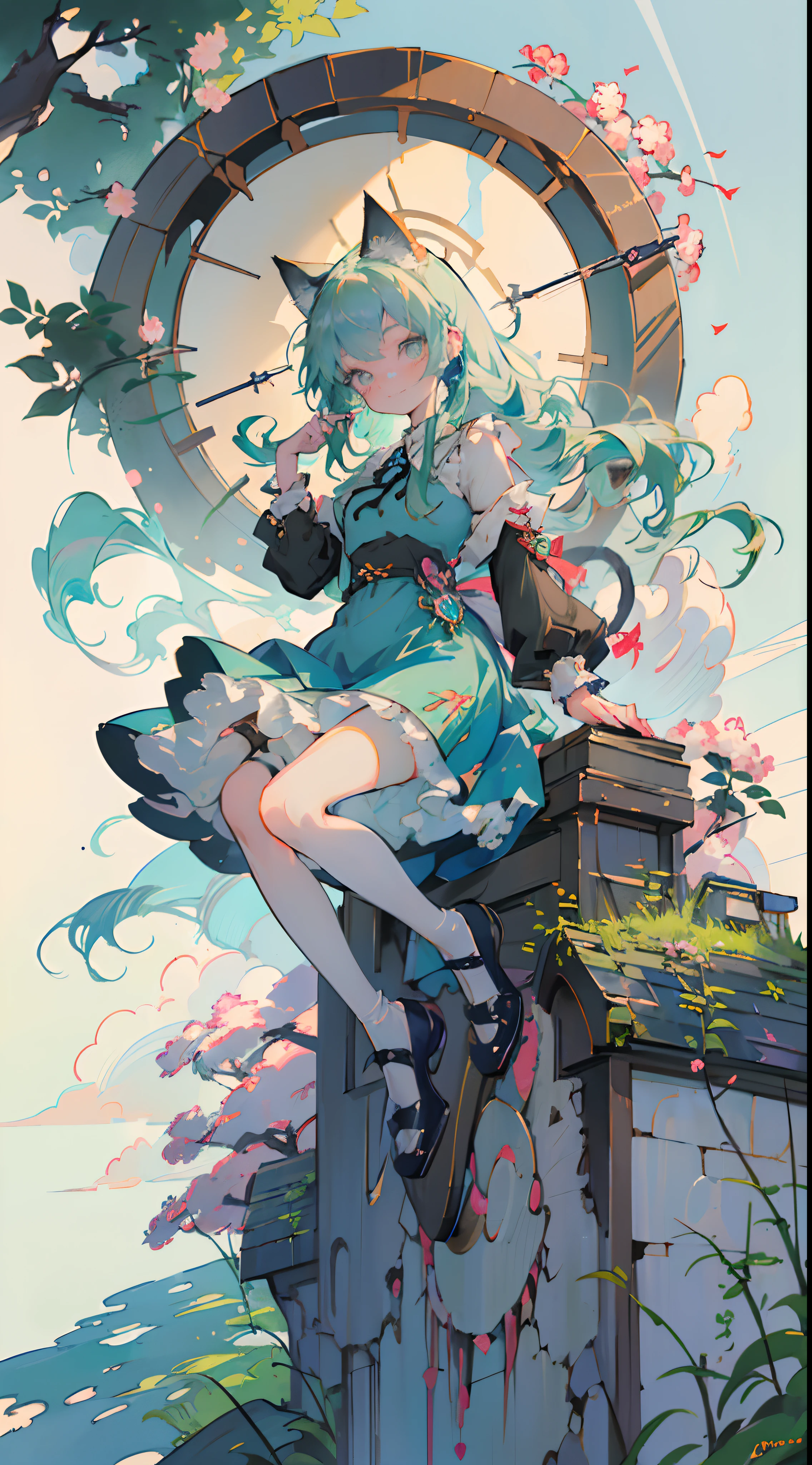 ((masutepiece, Best Quality: 1.1), ((Anime girl in blue dress with magic wand)), Art Nouveau、anime cat girl in a maid costume, Lori, ((Green hairs))、The long-haired、((Shining jewel-like eyes Long eyelashes Transparency))、Very Beautiful Anime Cat Girl, anime catgirl, ((white knee highs)), attractive cat girl, inspired by Leiko Ikemura, aya takano color style, in ryuuou no oshigoto art style, Cat Girl, touhou character, Rei Hiroe、With a smile