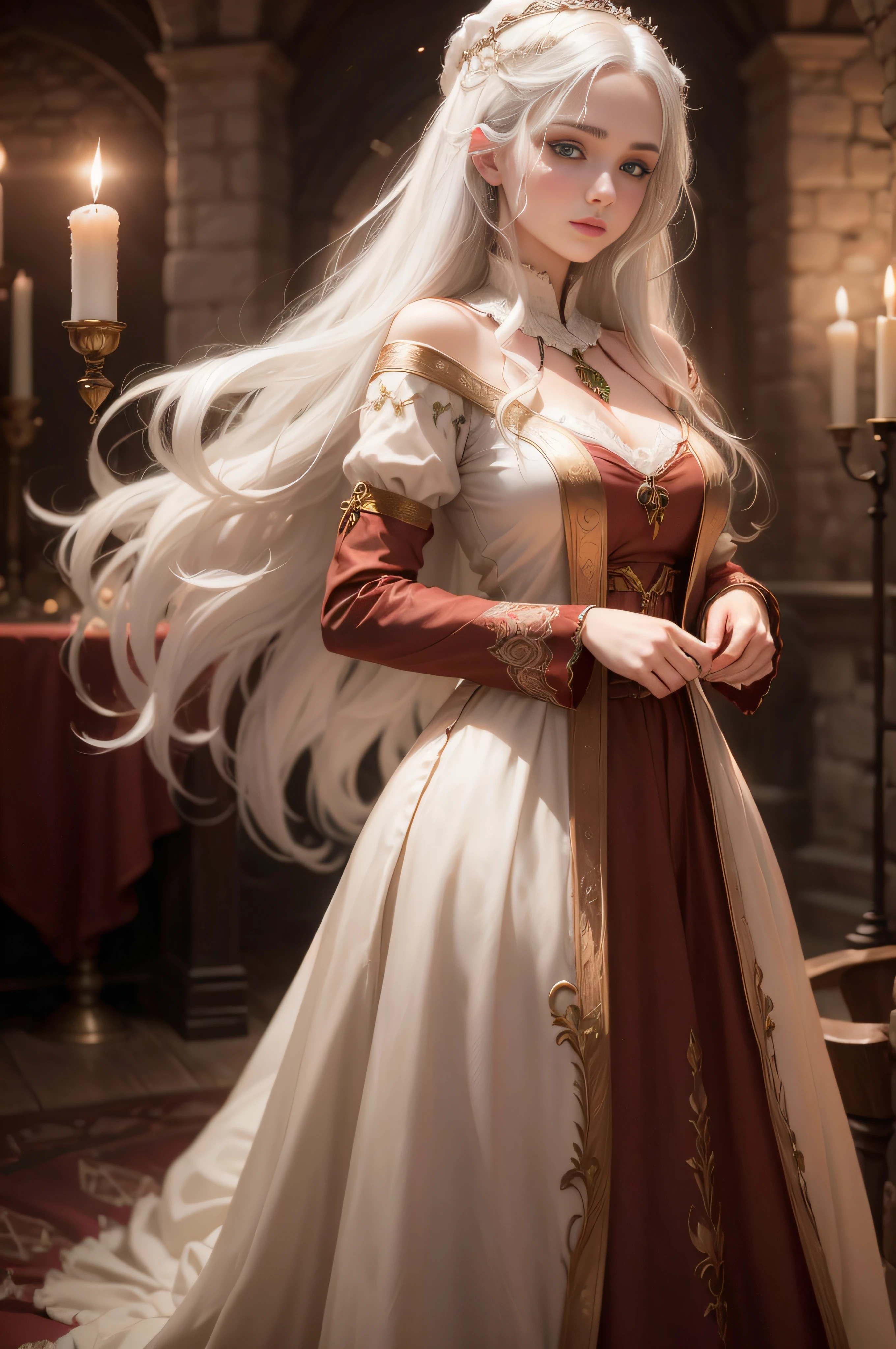 (((Beauty))) fair complexion, woman around 19 years old, natural white hair, distinctive green eyes, wearing kohl, slender and graceful, beautiful, candlelight in a medieval setting, ultra sharp focus, realistic shot, medieval female clothes, tetradic colors (beautiful face:1.4)