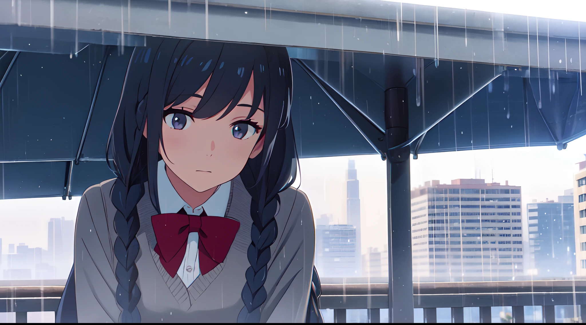 masterpiece, best quality, 1girl, solo, long blue hair, long twin braids, with grey eyes, raining, city, school uniform, outdoors, sky, close up