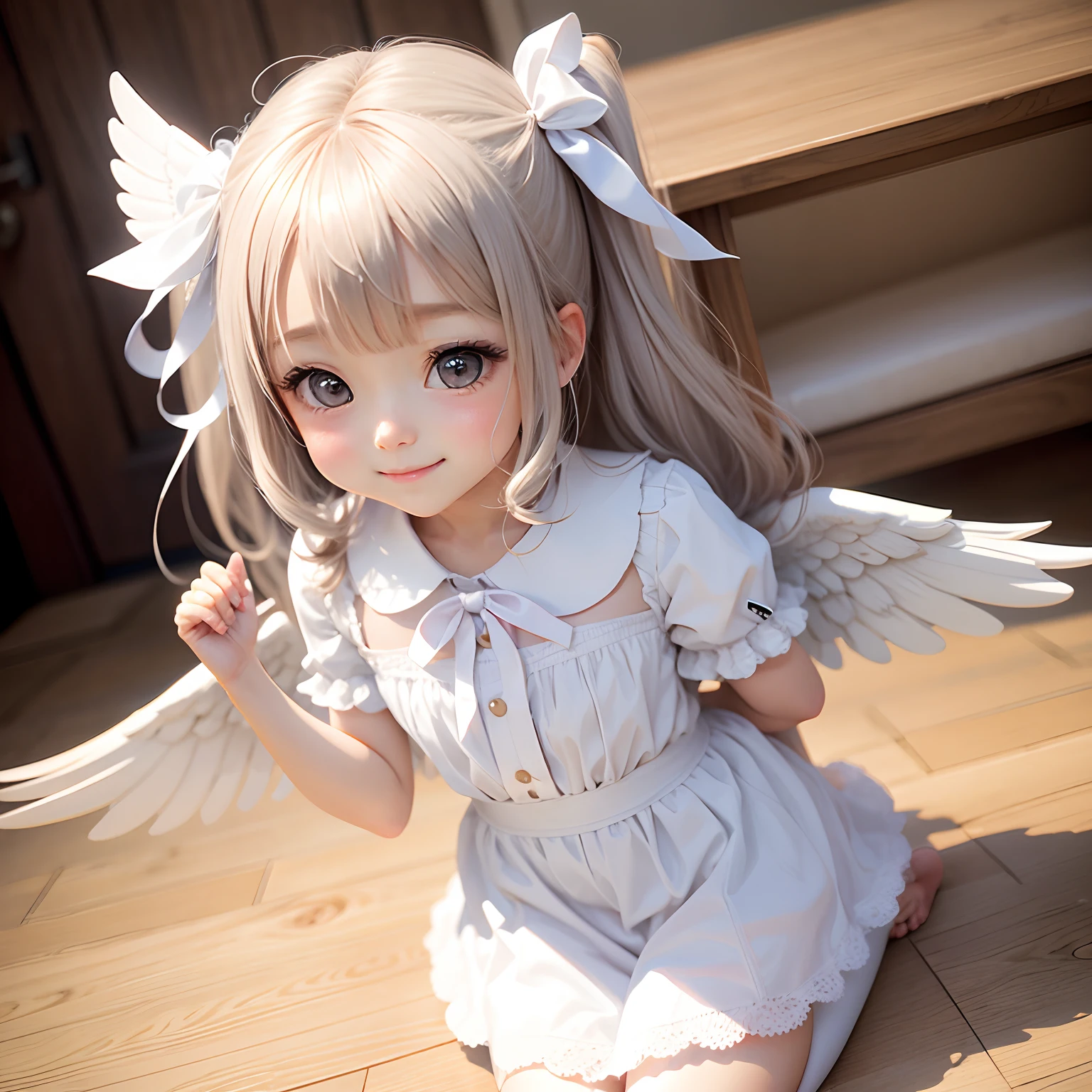 ((masterpiece)),((highest quality)),((anatomical)),((realistic)),((detailed description)),((cute)),((女の子のcute部屋)),(((fallen Angel))),((beautiful eyes)),((baby face)),((petite)),((smile)),((white teeth)),