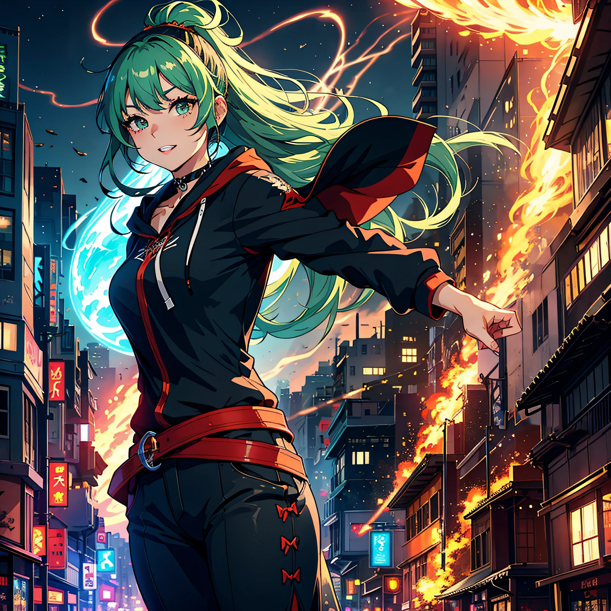 (top-quality、hight resolution、8k、masterpiece:1.2)。Curvaceous but slender、Muchimuchi Body、Grinning Female Wizard、Destroying buildings in a futuristic cyber city。Featuring double teeth, she wields magical powers.。With magic emitted from the right hand、Buildings and roads、Bolides、Next Bridge々and have collapsed、Scattered with burning debris。Rubble and pebbles float up、Covers her whole body。Although its power is overwhelming、At the same time it is in harmony with beauty。Depict the moment she is destroying a cyberpunk building with magic。Half-taken off hoodie、accessorized、mole、Eyebrows、double tooth、canine teeth、poneyTail、Muscular nose、Clear and detailed gray eyes、Green hair、red blush、The long-haired、a choker、Fleshy lips、Physical beauty、well-muscled、Raise bangs in a headband、Oforehead、Mysterious fashion、Street Fashion、Anime style、animesque、Site after the earthquake、Oversized trousers、unreal、Depiction in motion、Black and yellow fashion、Vandalism、Decaying buildings、the fire、Fire incident、tornado、Must-win poses、Backgrounds with depth、Equipped with a Japan sword on the back、Equipped with a Japan sword on his right hip like a samurai、Flame Magic、Wizard Equipment、Light equipment、a necklace、Bracelets、Misanga、arm band、Tattoo on the shoulder、espadrilles、thunder、Roaring thunder、lightning bolt、tornado、colorful backdrop、Thunder in the hand、Light and Wall Co-star、Little green-eyed black cat supporting magic attack overhead