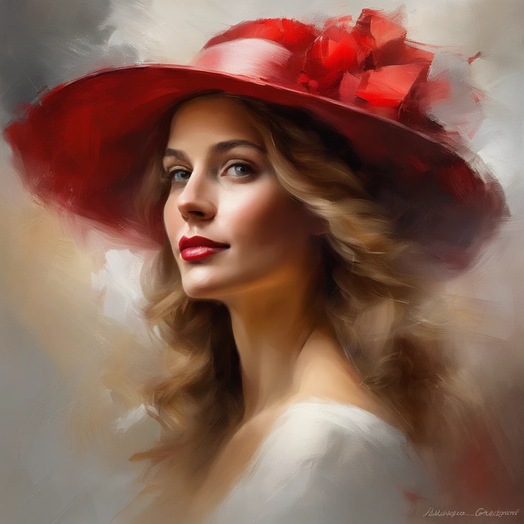 painting of a woman with a red hat and white dress, long blond hair, eyes looking at the camera, head in center of frame, elegant digital painting, beautiful portrait acrylic painting, wlop painting style, brush strokes in textured paint, gorgeous digital painting, in style of wlop, beautiful character painting, fine art portrait painting, epic background, beautiful art uhd 4 k