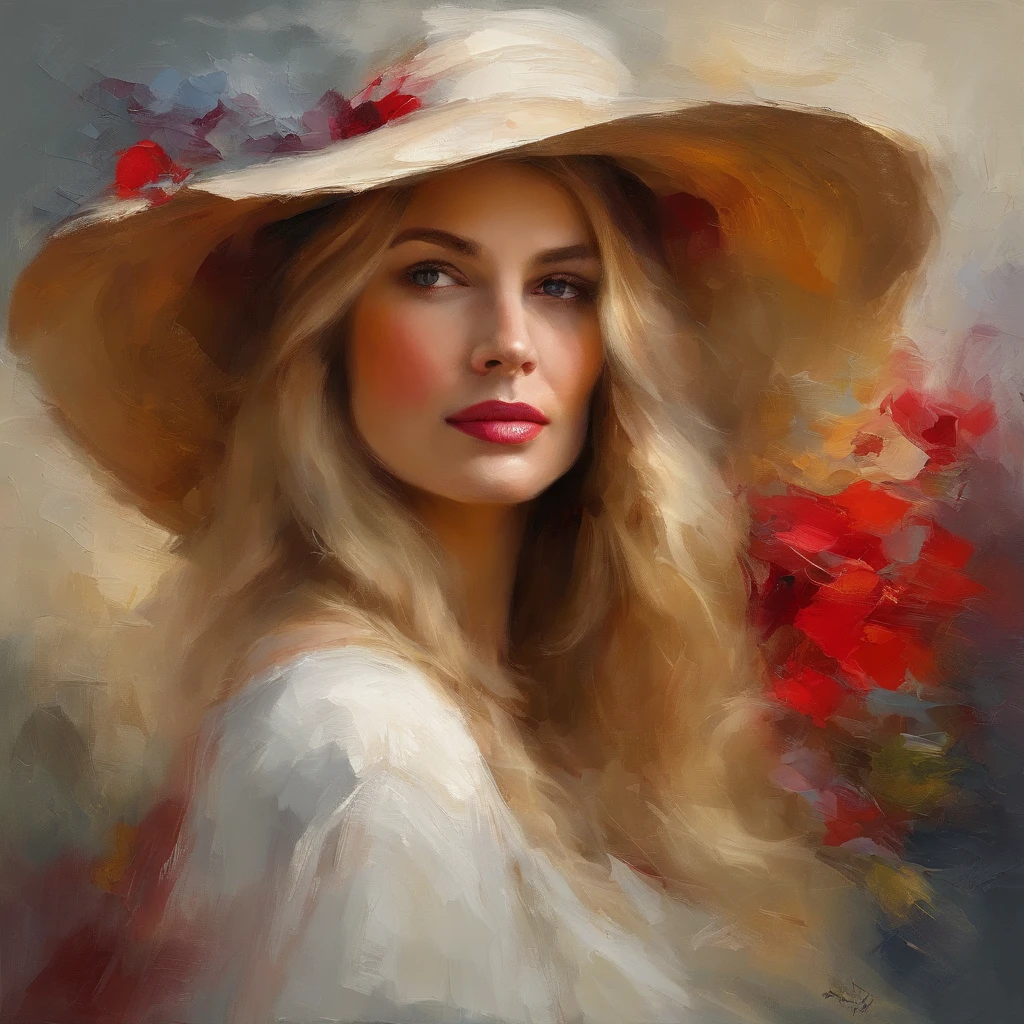 painting of a woman with a red hat and white dress, long blond hair, eyes looking at the camera, head in center of frame, elegant digital painting, beautiful portrait acrylic painting, wlop painting style, brush strokes in textured paint, gorgeous digital painting, in style of wlop, beautiful character painting, fine art portrait painting, epic background, beautiful art uhd 4 k