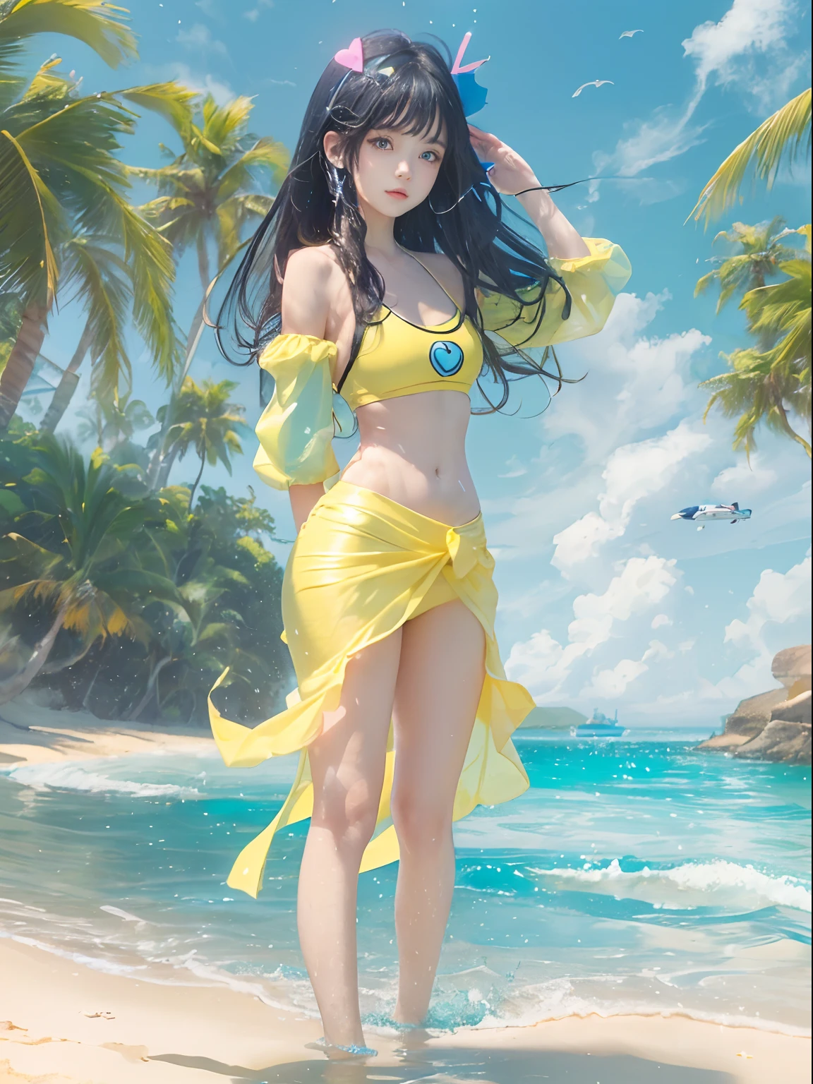 A floating girl, (black hair with blooming green locks), (emerald bra with gold), athletic and slim body, gold skirt with white silk, gold bracelets, perfect and delicate face, (American face), rays, clouds, moonlight night --auto