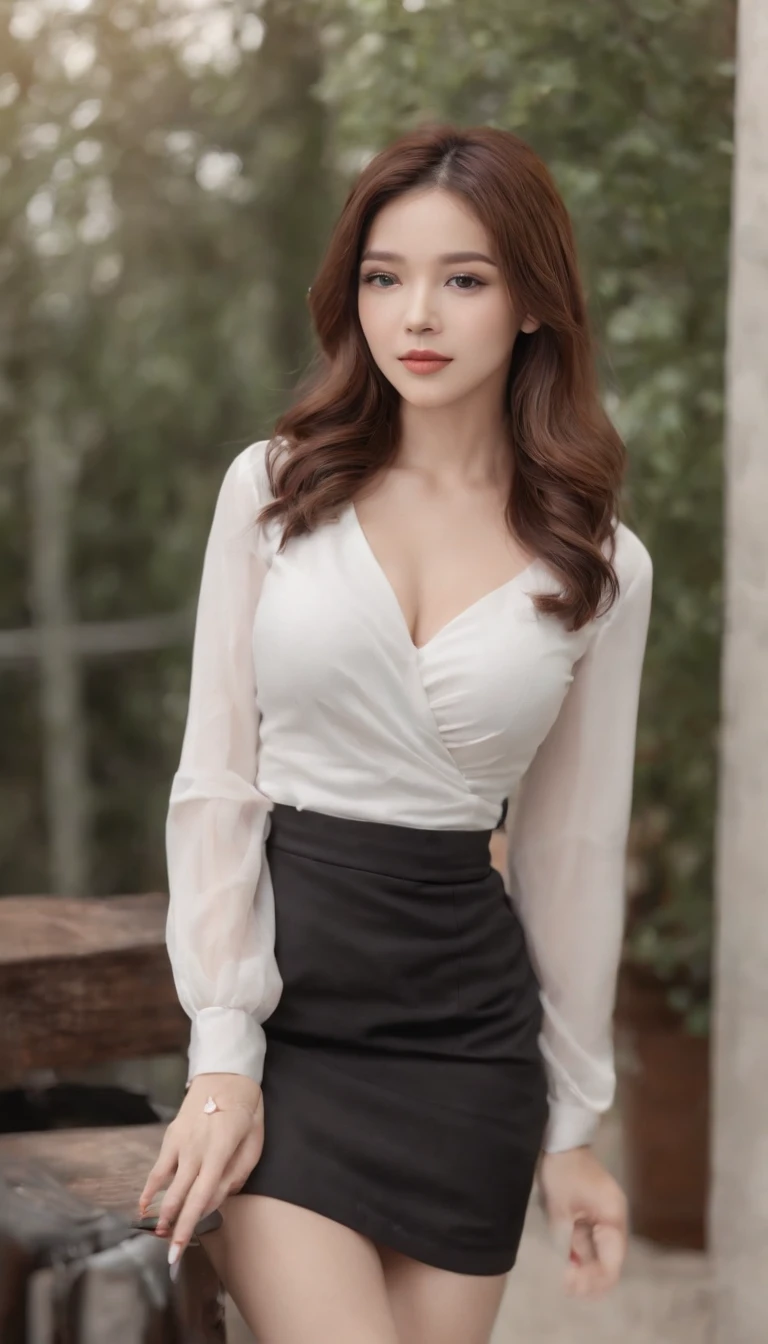 best qualtiy，tmasterpiece，超高分辨率，(photorealestic),（realisticlying：1.4），RAW photogr，1girll，(Full body photo，inside in room，sit on chair，Legs crossed)，good-looking face，Slim，Dignified，Small Fresh，（White color blouse，black short skirt），ssmile，cabelos preto e longos，Beautiful hair accessories，Beautiful  girl，Detailed scenes, Beautiful digital illustration, the detail，Hyper-detailed, Cinematic quality, (Beauty and aesthetics，big breasts beautiful)，correct hand，anatomy correct, ((From below))