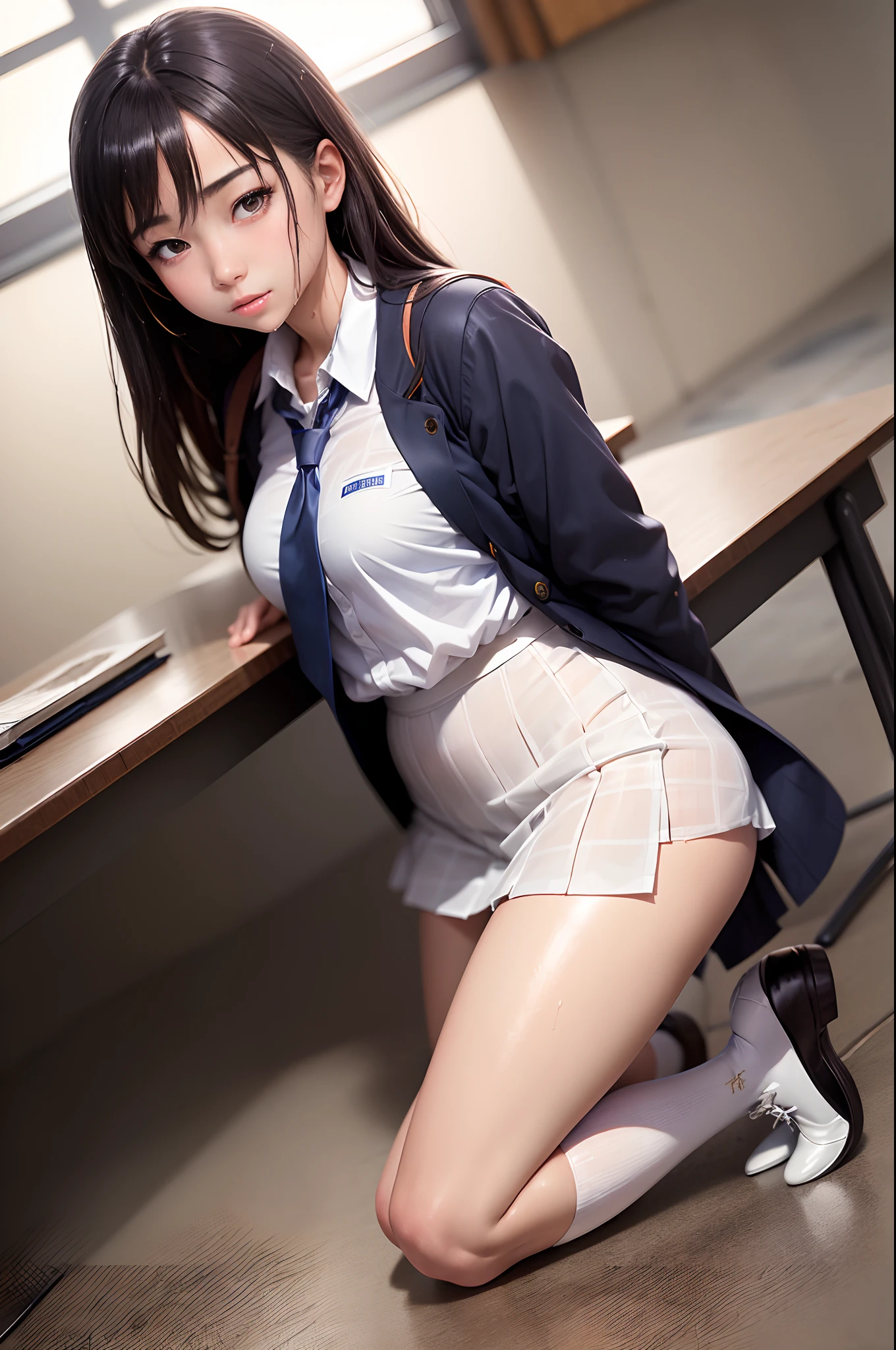 (masterpiece, best quality:1.2), a hyperrealistic schoolgirl, solo, 1girl, yukinoshita yukino, (shiny skin, wet skin:1.2), sweating, slight smile, looking at viewer, on all fours, school uniform, white shirt, plaid skirt, thighhighs, afternoon, classroom hyperrealistic schoolgirl