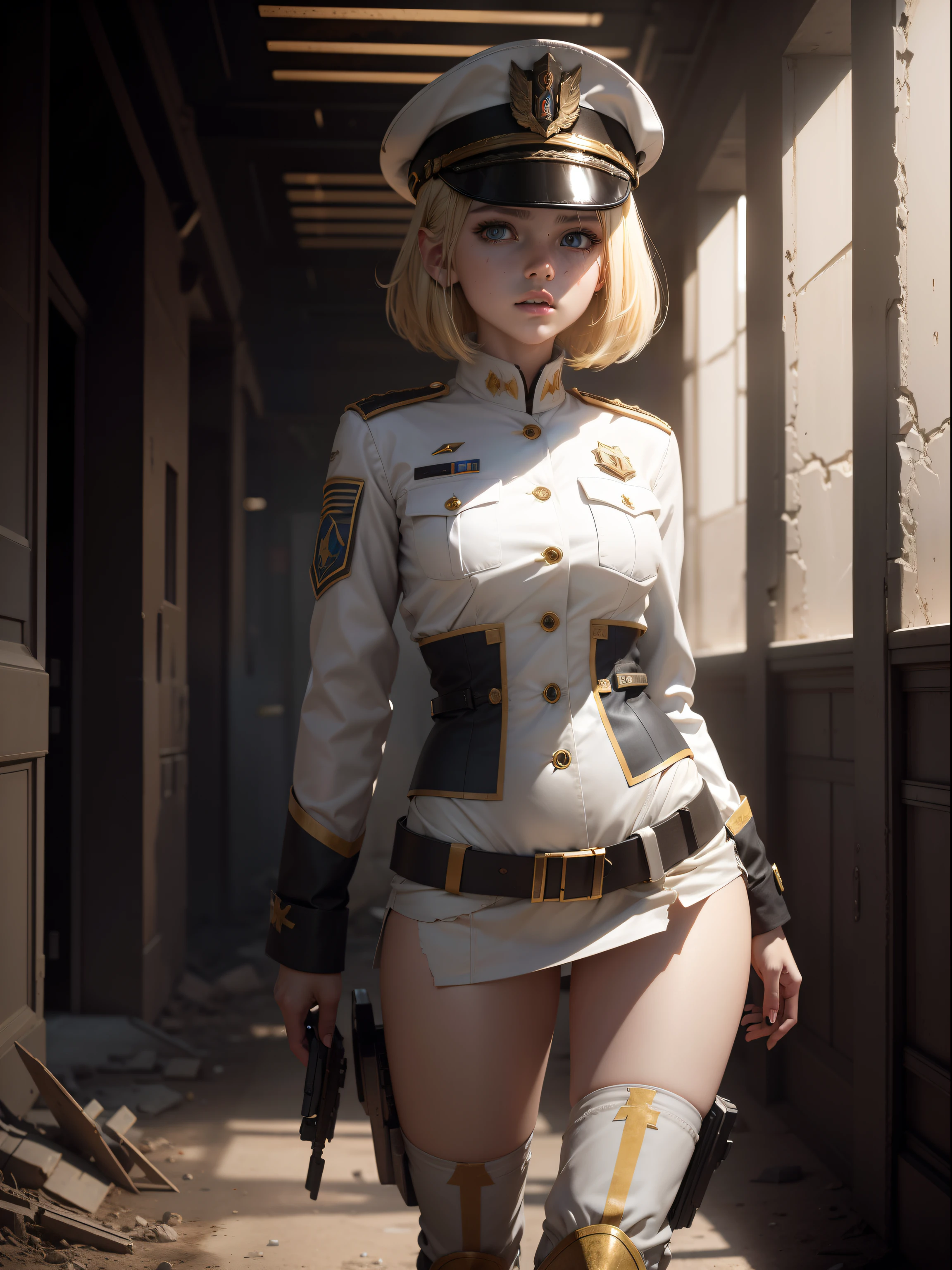 Destroyed towns,3 Ukrainian girls , Ukrainian anime girls , , Ukraine ,  Full body composition of young girl with messy bright blonde hair, eye make up, 13 year old,  Soft lighting, Solo, Old torn dirty shabby futuristic military uniform, badges, Pose, Blotch color, Octane Render, Hyperrealistic intricate detail, Cinematic, 8K resolution, 70mm, Accent Lighting, Global Illumination, Full body portrait, clean detailed faces, a short bob,intricate clothing, Cute face, flat chest, Slim waist, Slim legs, small hips,Caucasian officer's suit,White Officer's Cap,