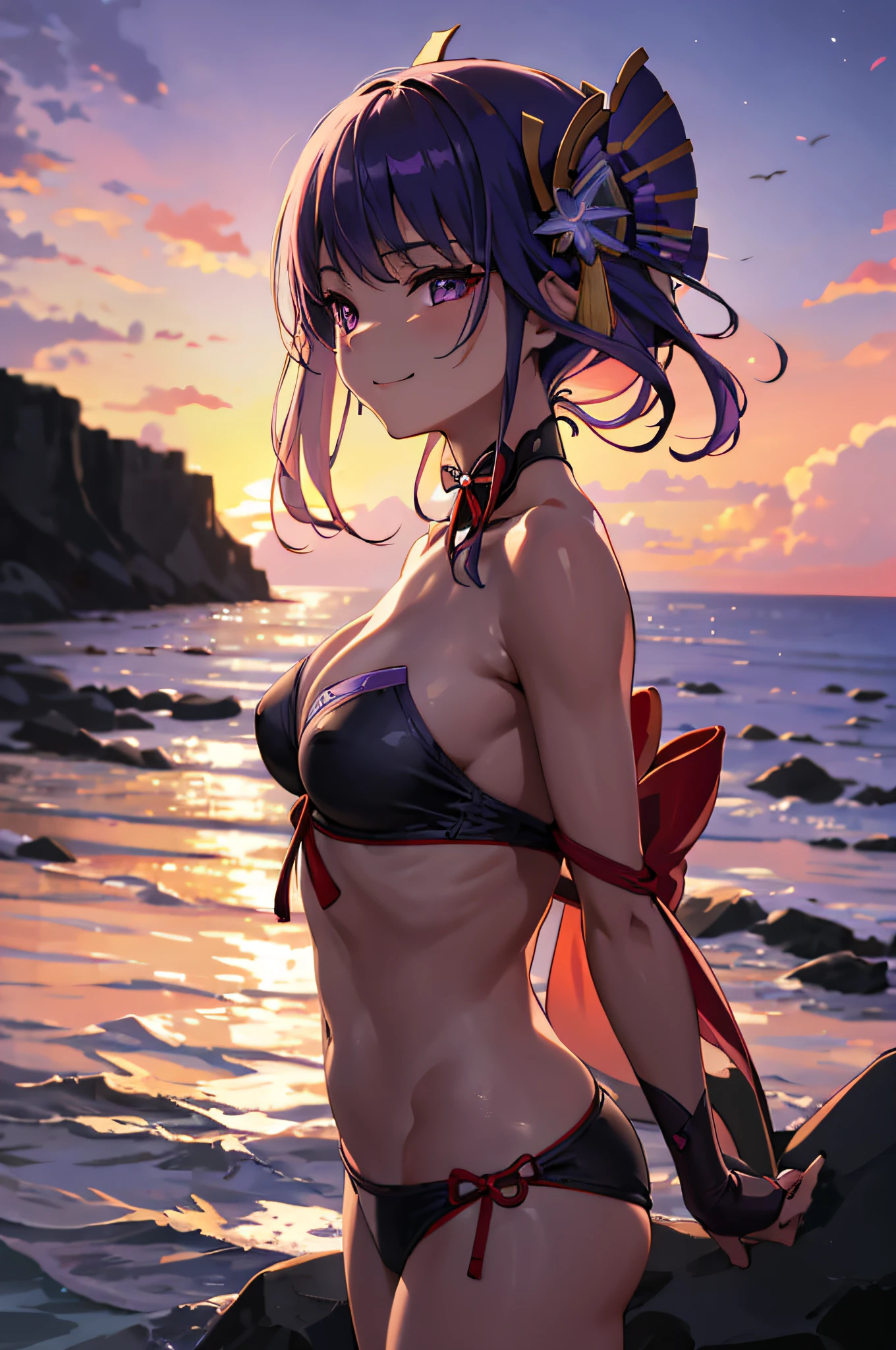 (masterpiece, best quality, detailed) ,1girl,raidenshogundef, in bikini standing on beach at sunset with ocean in background, at beach at sunset, in the beach, at the beach on a sunset, at a beach, at the beach,((sunset)), standing at the beach, on a beach, on the beach at sunset, at the sea,eye details,teasing smile, clean detailed anime art,high resolution, (perfect hands, perfect anatomy),