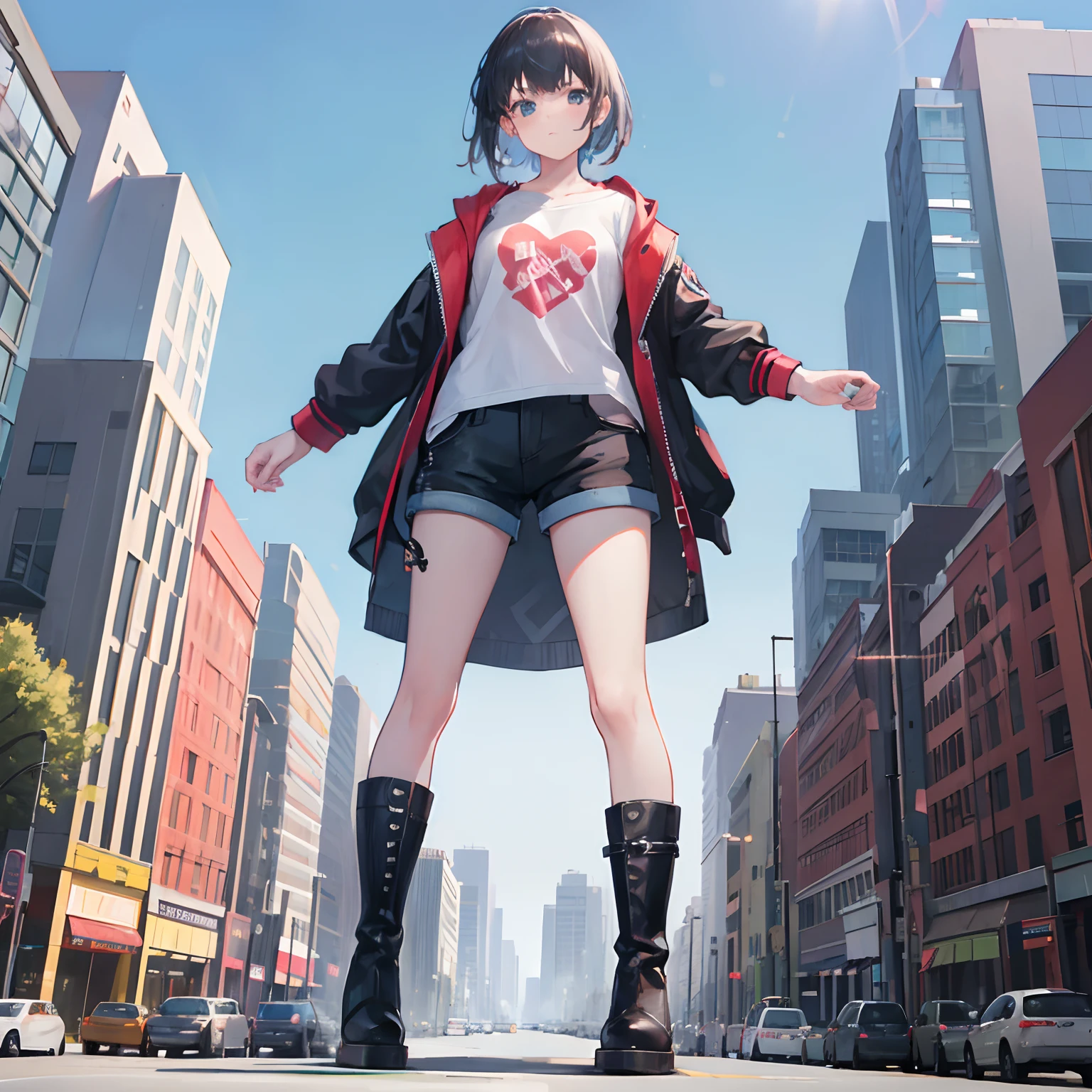 1girl, , GTSCity, shorts, shirt,boots, standing, small cars