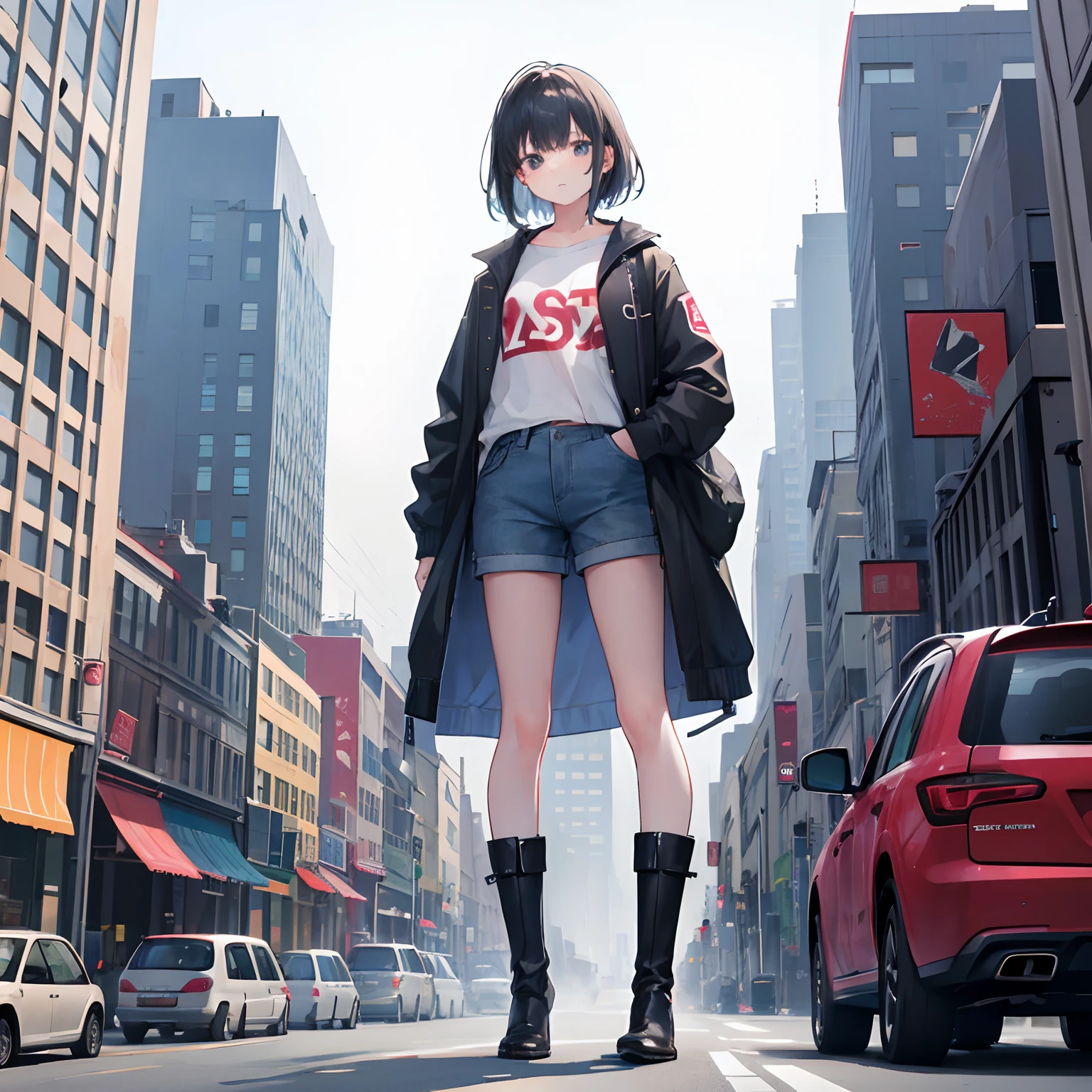 1girl, teenager, GTSCity, shorts, shirt,boots, standing