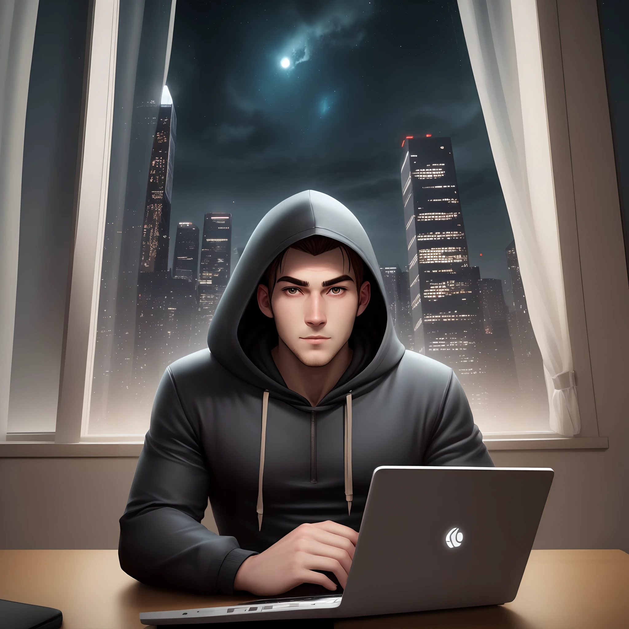 Animated male character with hood, sitting in front of laptop,sitting in a room, behind night city is visible through windows. Character must be close to viewer. Make main focus on character face. Make it look like a character from movie matrix