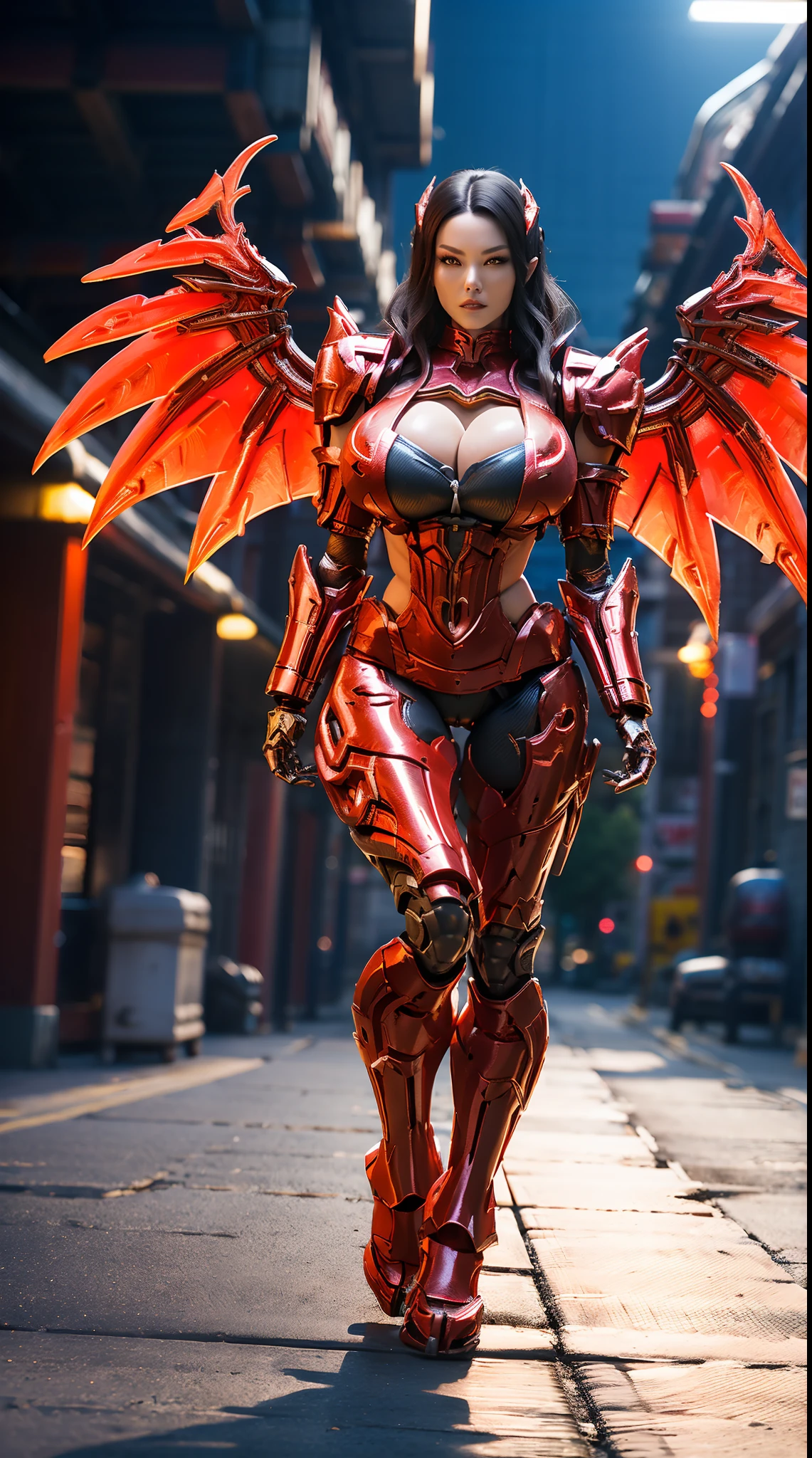 (DRAGON HEAD), HUGE FAKE BOOBS, (BEAUTIFUL FACE), (RED:1.2, BLACK:0.8, MECHA ARMORED GEAR), ((A PAIR OF HUGE MECHANICAL WINGS)), FUTURISTIC DRAGON MECHA SUIT, (CLEAVAGE), (SKINTIGHT YOGA PANTS), (FULL BODY:1), (TALL LEGS:1.2), FRONT, (STANDING:1), (SLENDER BODY), (MUSCLE ABS:1.3), UHD, 8K, 1080P.