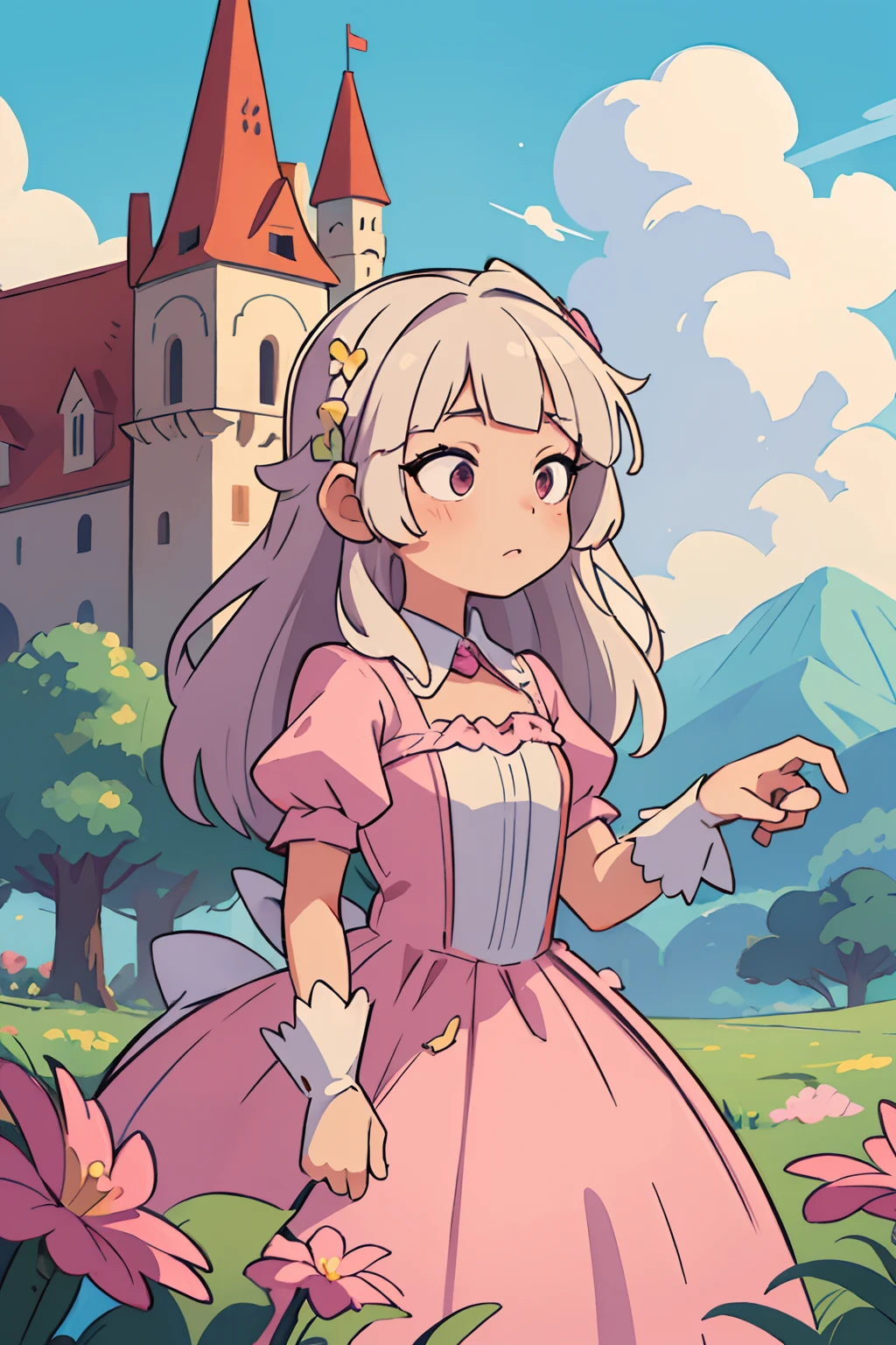 ((best quality, masterpiece)),
1girl, princess pink dress, flowers, white messy hair, outdoor, clouds on background,fantasy, medieval, castle on background