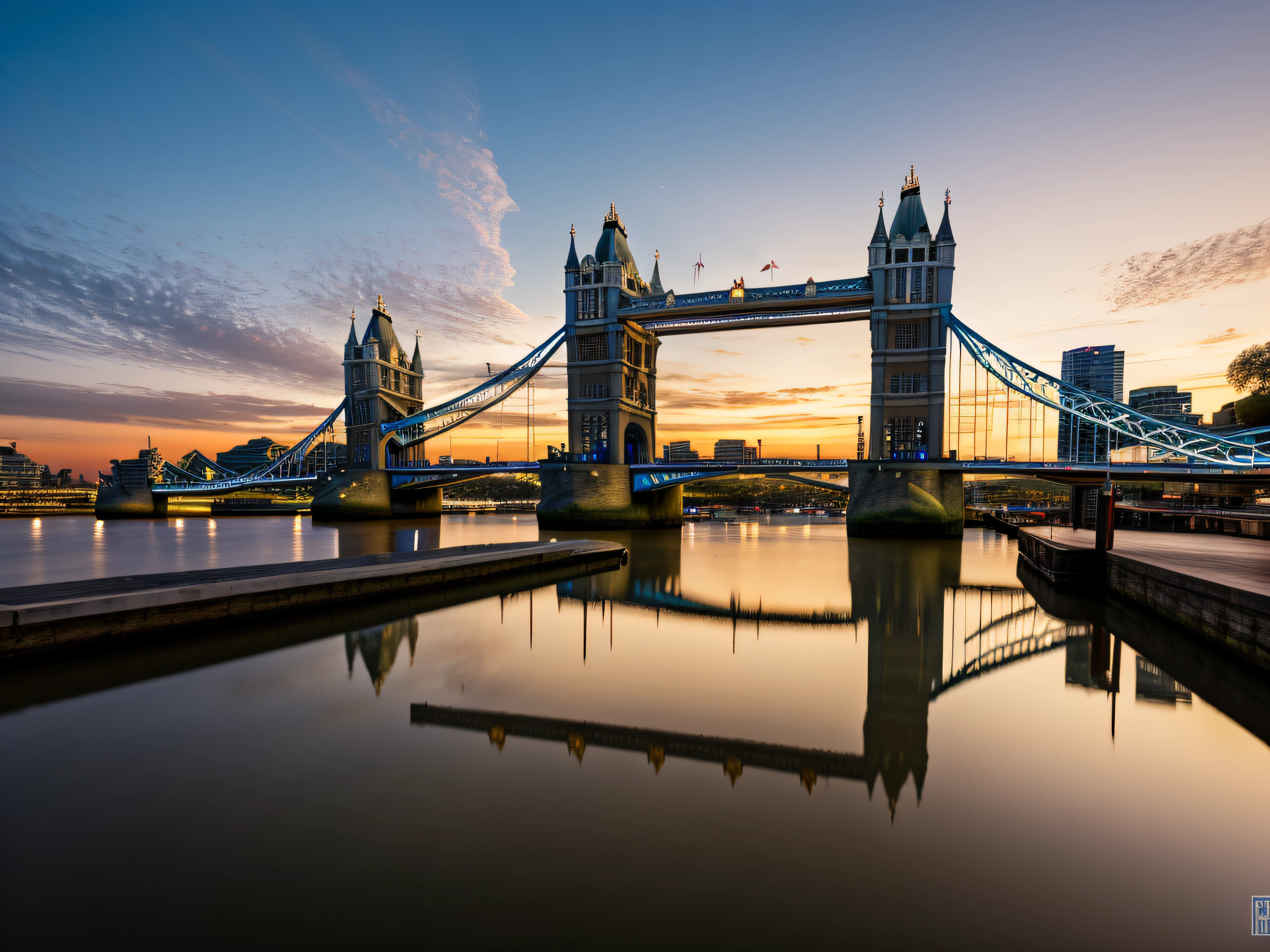 (stable diffusion, best quality, highres), tower bridge, London, sunset, vibrant colors, breathtaking view, golden hour, iconic landmark, reflection on the river, stunning silhouette, warm glow, romantic atmosphere, picturesque scenery, lively cityscape, bustling city, urban beauty, architectural marvel, majestic structure, intricate details, fine craftsmanship, famous tourist attraction, historical significance, harmonious blend of old and new, vibrant energy, captivating skyline