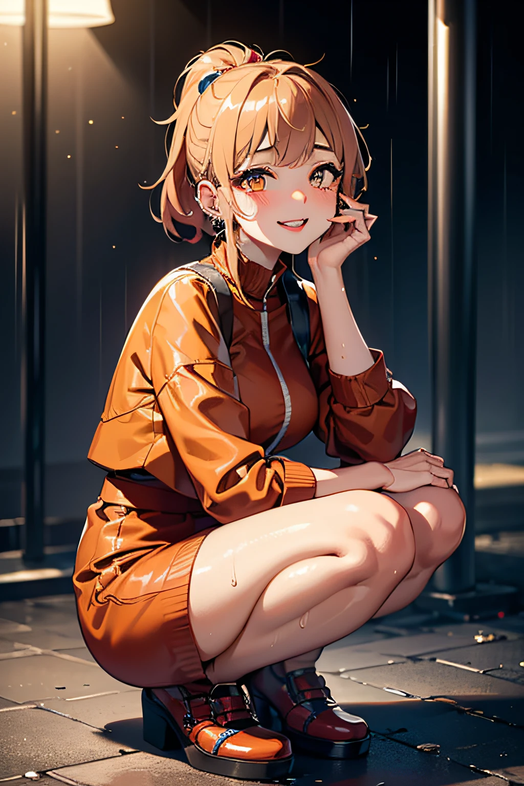 sologirl,Back alley in heavy rain,Drenched bad girl,piercings,Street fashion,(The whole body is soaking wet,Rainwater dripping from the face,Wet face,wetting hair,Wet and glowing skin,Soaking wet costumes,),(Glossy light brown and orange two-tone hair,Short ponytail),(The composition of the princess's face,big eye,Pointed lips,red lipsticks,Cute round face,A smile that makes the viewer happy,blushing with embarrassment,red blush,),(Bold poses),crouching down,(The 8k quality,masutepiece,top-quality,Ultra-high resolution output image,),intricate detailes,(Highly detailed raw photos:1.3),(Image Mode Ultra HD),