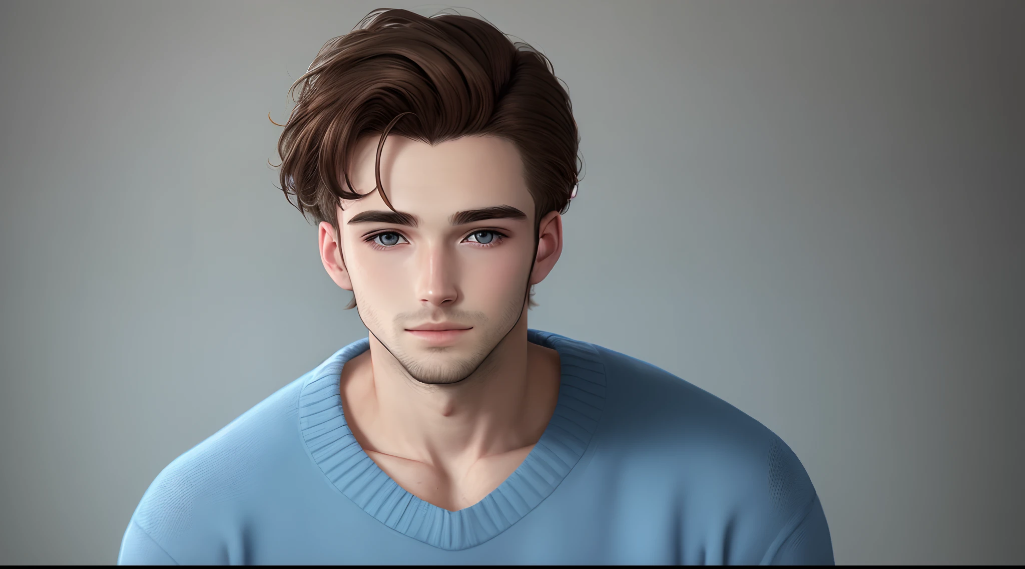 Homme de 30ans brun au yeux bleu avec un pull bleue