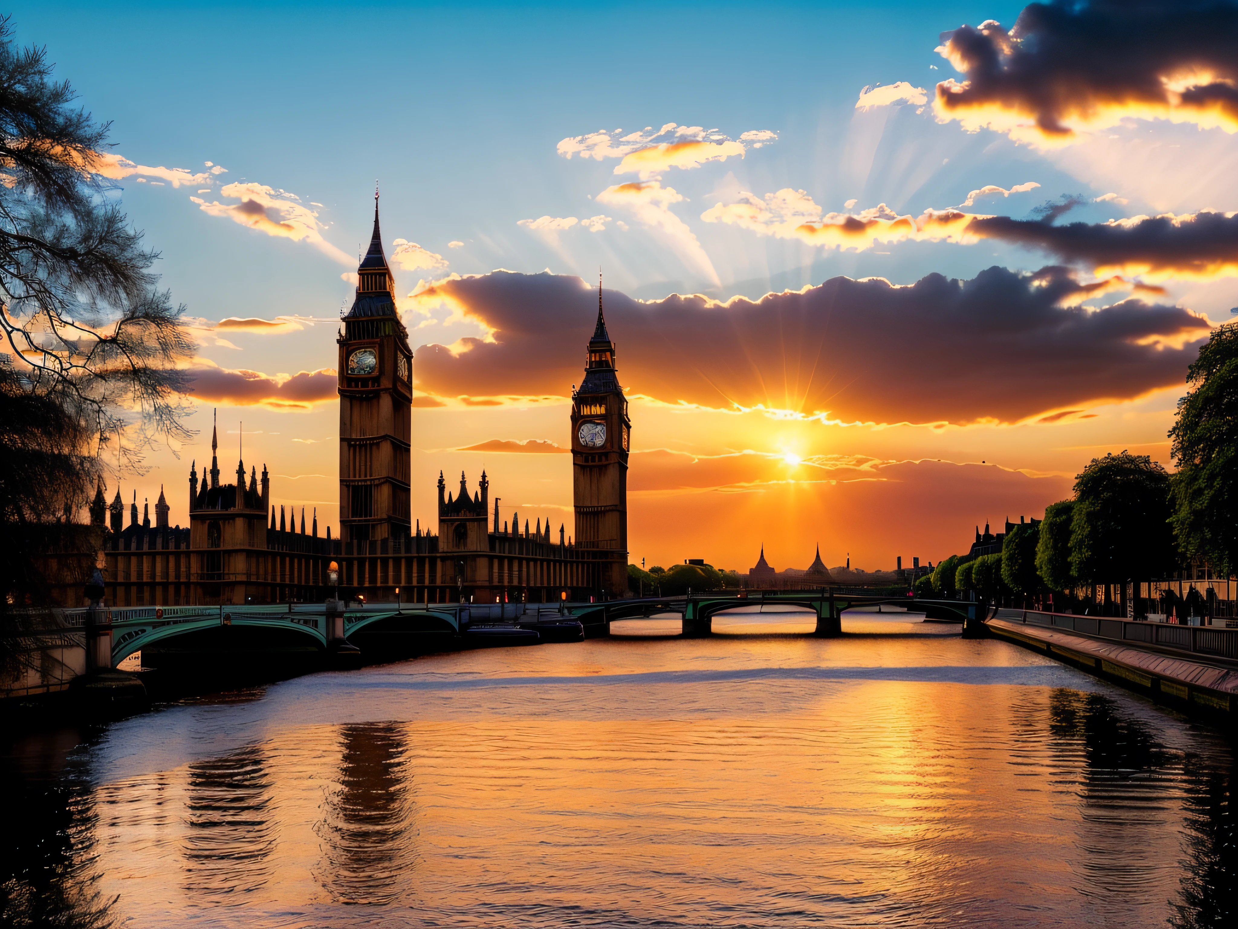 stunning London sunset,watercolor,pink and orange sky,lush green trees,iconic landmarks,breathtaking view,reflection on the river Thames,crimson and gold clouds,silhouette of Big Ben,rays of sunlight piercing through the clouds,serene atmosphere,vibrant colors,ethereal scene,romantic setting,majestic architecture,mystical ambiance,serene atmosphere,peaceful riverside,tranquil mood,dreamy,romantic ambiance,soft brushstrokes,subtle blending of colors,gentle texture,long shadows,dramatic contrast,dazzling display of light and colors,London Eye illuminated,picturesque scenery,soft hues,blissful moment