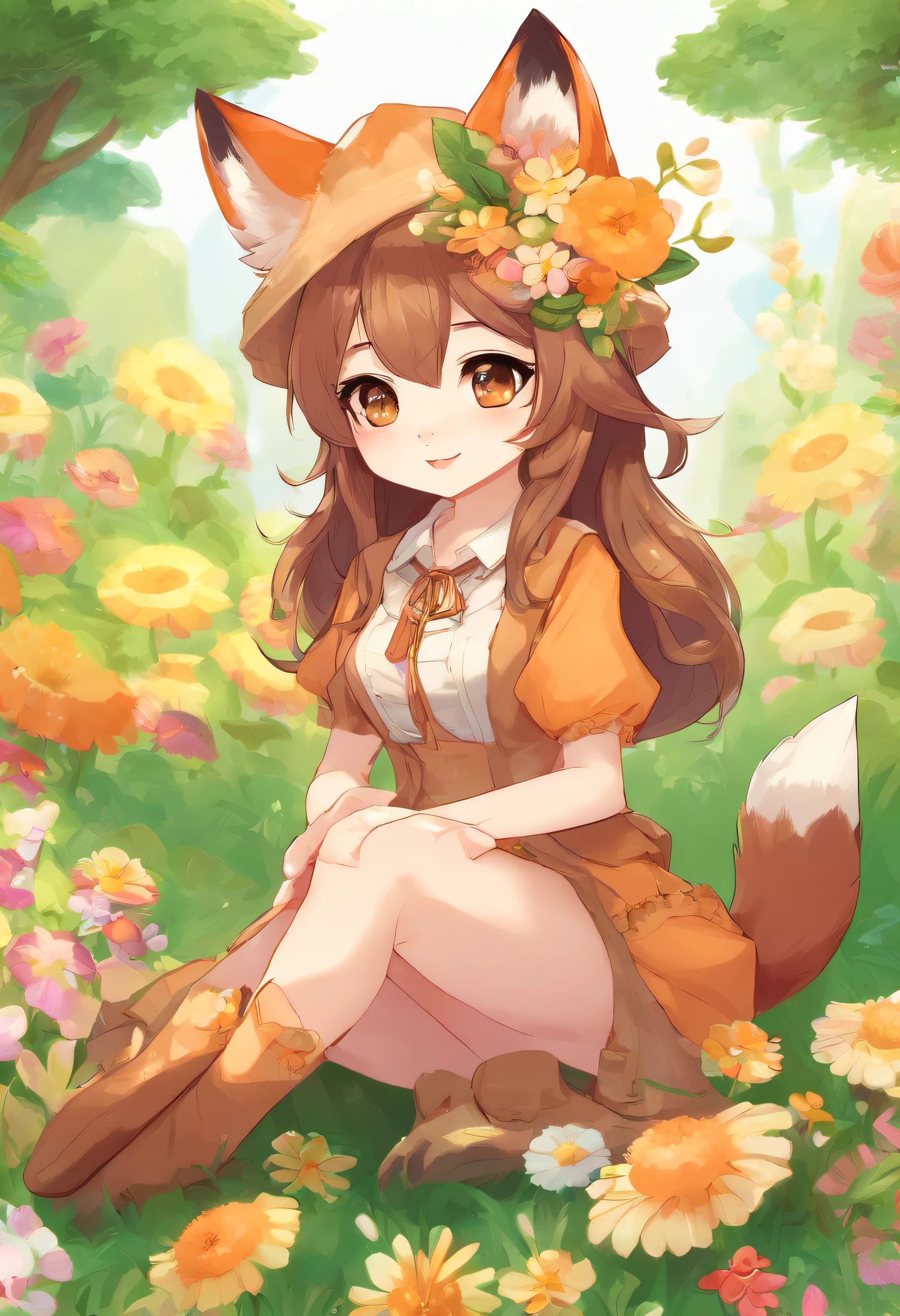 fox, (monster girl), long brown ears with darker brown inside, brown fur, tan neck fluff, brown fluffy tail with a tan tip, large brown eyes, wearing modest clothing, sitting in a flower garden, masterpiece, best quality