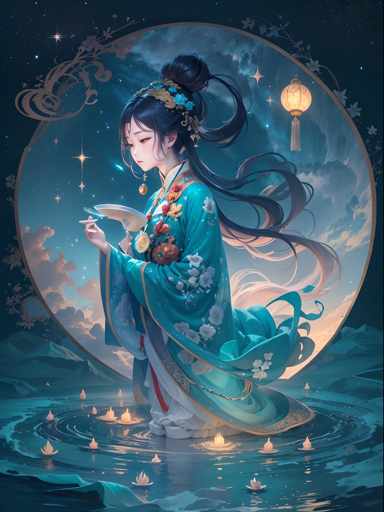 The mica screen candle shadow is deep，The long river gradually fell and the stars sank。
Chang'e should repent of stealing the elixir，Blue sea and green night heart。
