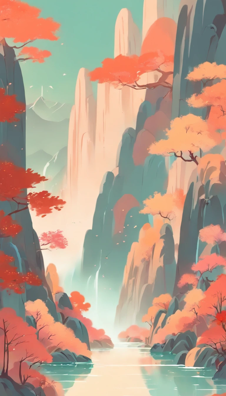 Chinese landscape, A medieval woman in the mountains and rivers，Minimalist sketches，abstract paintings, Zen, Amy Sol style, Cover art with light abstraction, Simple vector art, Contemporary Chinese art, Gradient of color, Soft color palette, layered forms, Whimsical animation, The style is ethereal and abstract