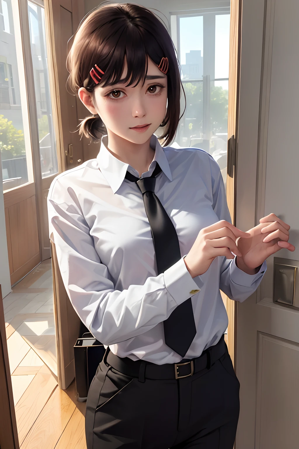 masterpiece, best quality, ultra-detailed, illustration, epic lighting, cinematic composition, isometric, 1girl, solo, cute, brown eyes, black hair, swept bangs, single sidelock, red hairclip, white collared shirt, black necktie, black pants, formal, enchanting gaze, captivating pose, indoors, office, door, opening door, looking at viewer, peeking out upper body, blush, seductive smile, closed mouth,(8k:1.1),
