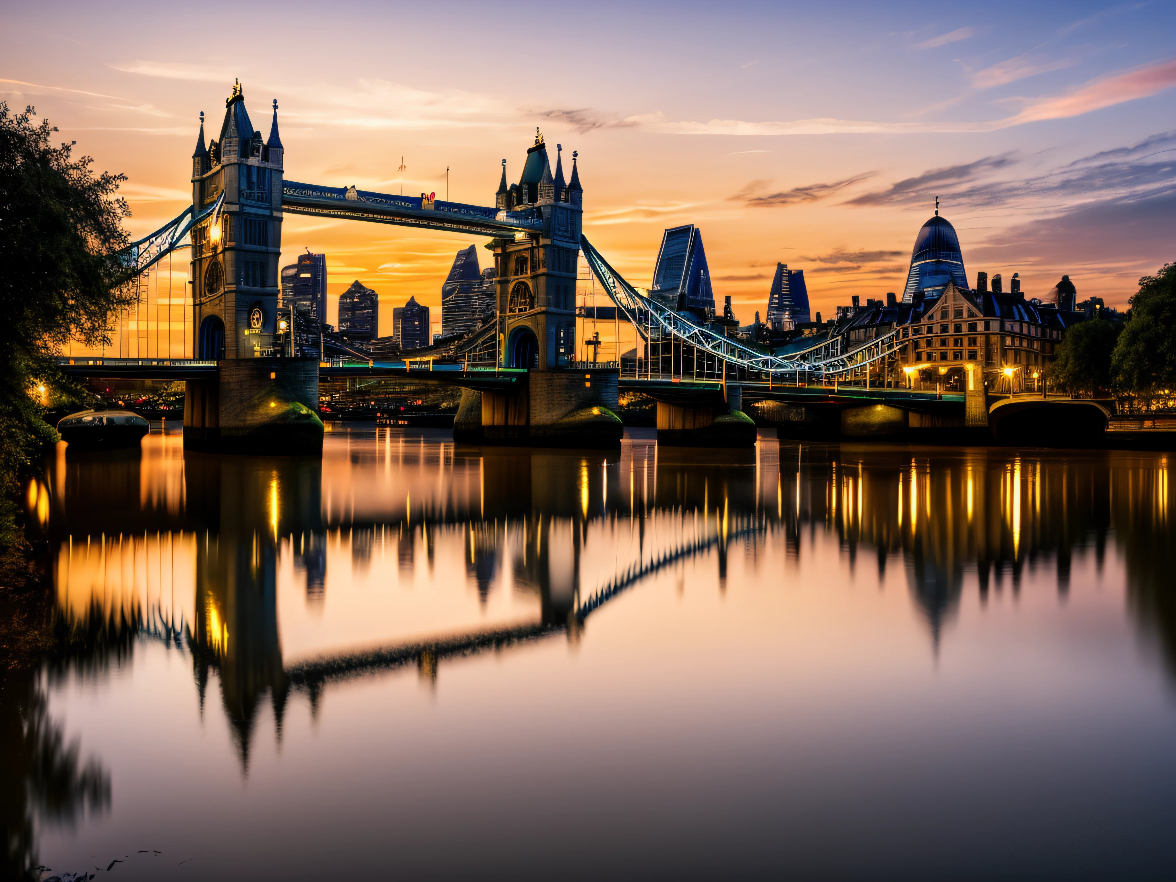 (stable diffusion, best quality, highres), tower bridge, London, sunset, vibrant colors, breathtaking view, golden hour, iconic landmark, reflection on the river, stunning silhouette, warm glow, romantic atmosphere, picturesque scenery, lively cityscape, bustling city, urban beauty, architectural marvel, majestic structure, intricate details, fine craftsmanship, famous tourist attraction, historical significance, harmonious blend of old and new, vibrant energy, captivating skyline