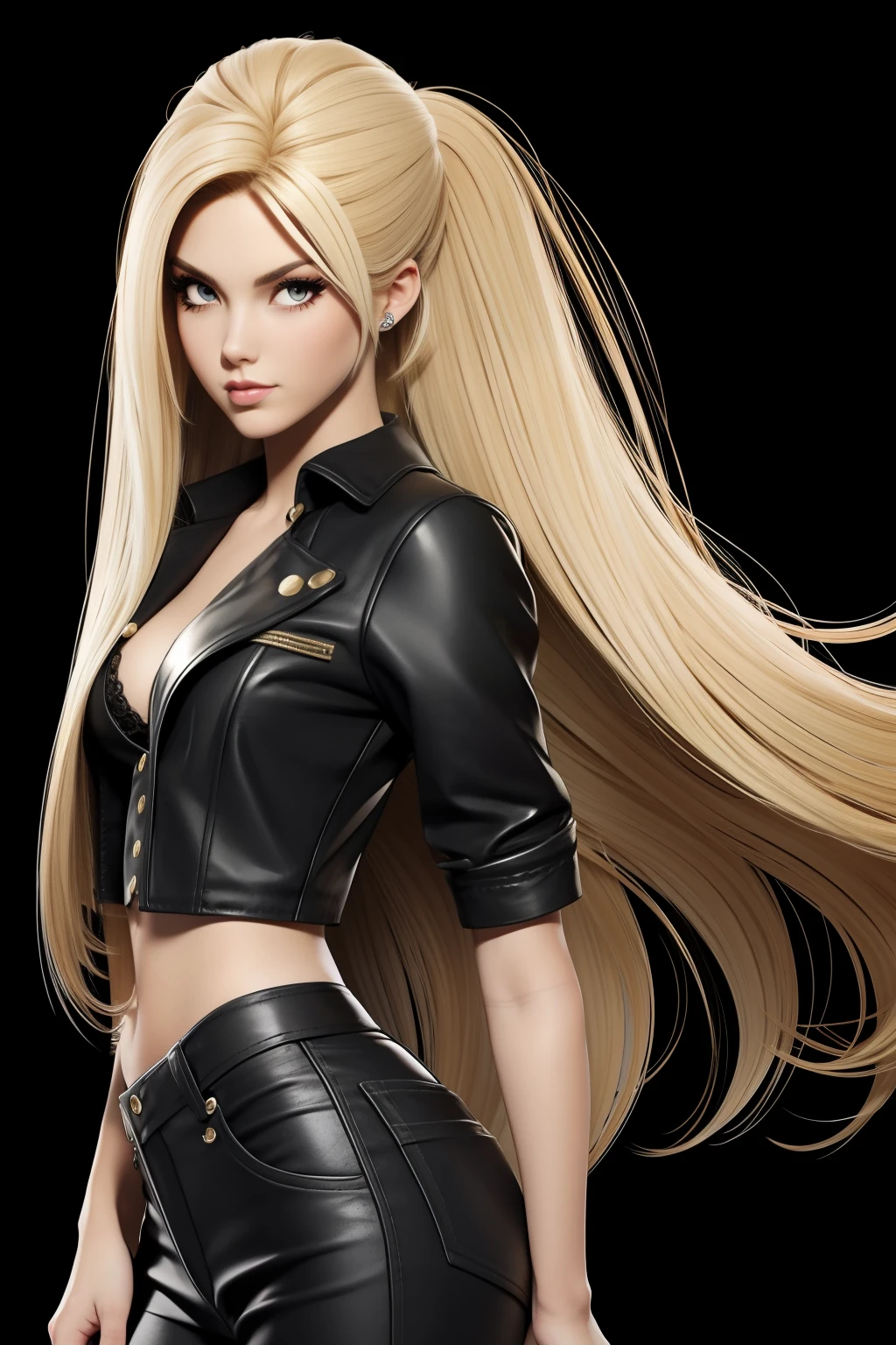 Blonde long hair Emo Pin up Girl, Black Faux, Striking a pose, skinny