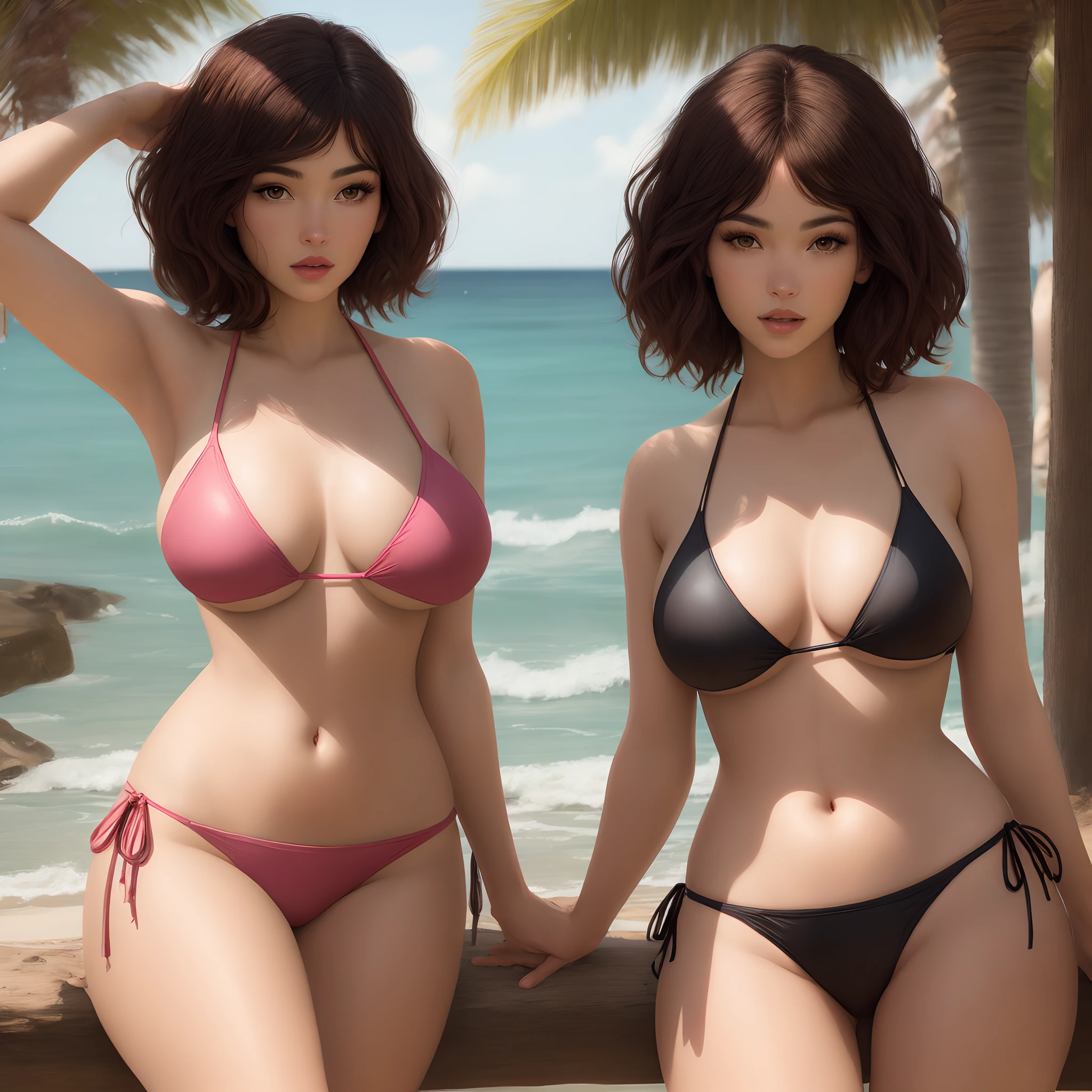 Mujer morena con cabello ondulado, brown-eyed with large lips, en bikini rosa