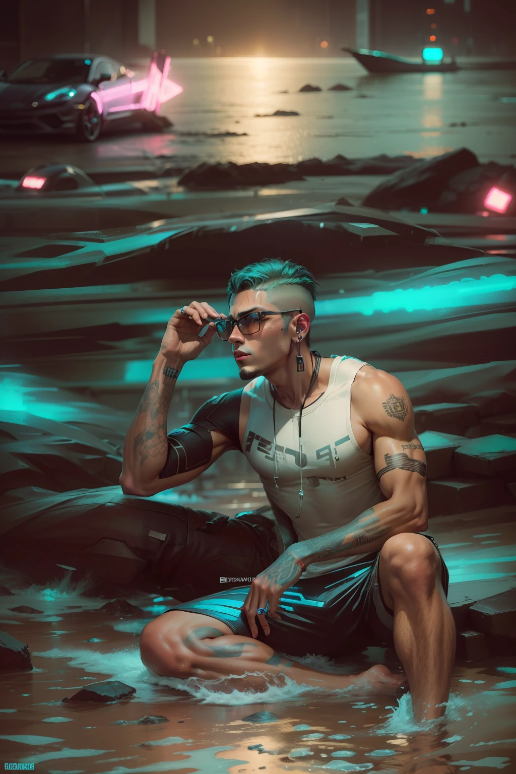 Cyberpunk, handsome boy, mascular body, ultra realistic face, ultra realistic body, pool vibes, suprim details, sharp face,8k