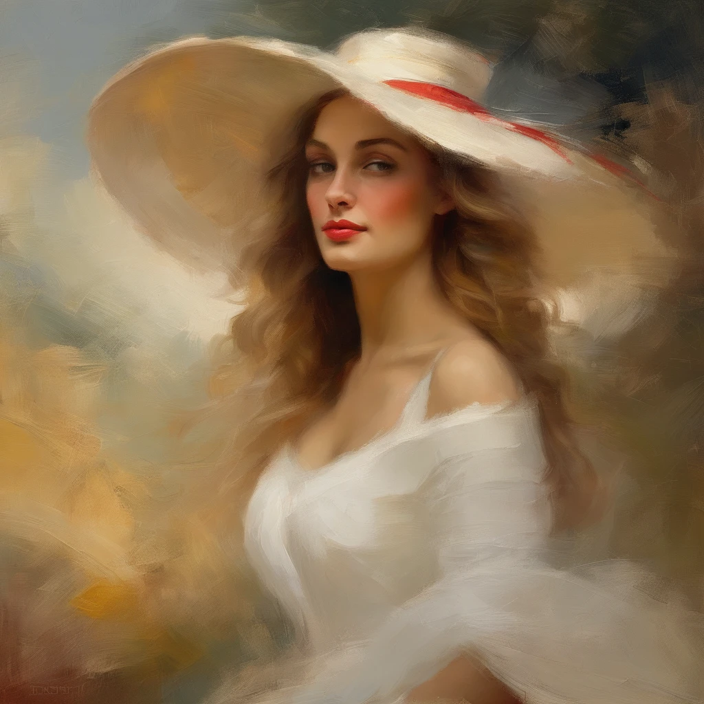 painting of a woman with a red hat and white dress, long blond hair, eyes looking directly at us, head in center of frame, elegant digital painting, beautiful portrait acrylic painting, wlop painting style, brush strokes in textured paint, gorgeous digital painting, in style of wlop, beautiful character painting, fine art portrait painting, epic background, beautiful art uhd 4 k