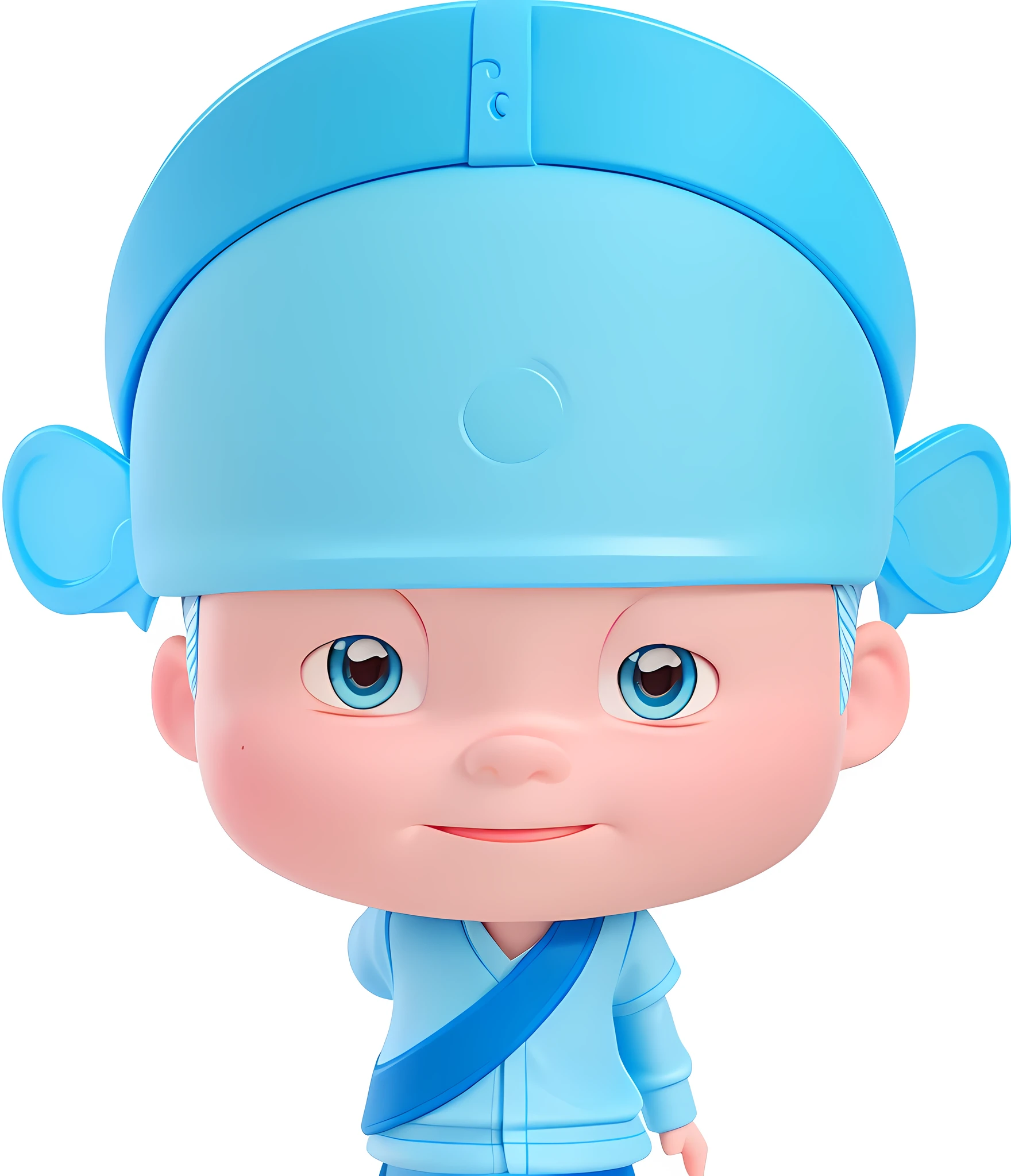 3d effect，3Drenderingof，Stereoscopic effect，Cartoon boy in blue clothes and blue hat, Asian face, Oriental face, caring fatherly wide forehead, There is a red dot on the forehead，There is a blush on the cheeks，Blue clothes，Cartoon dolls