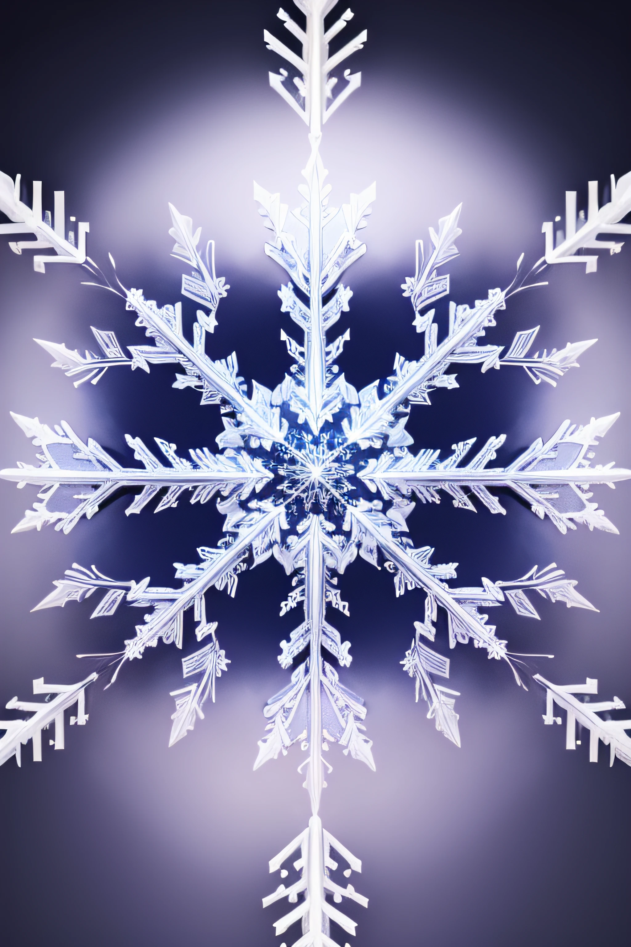 a digital image of a unique snowflake. Capture its intricate details and symmetrical patterns make it visually striking with snowy effect, blue purple tone