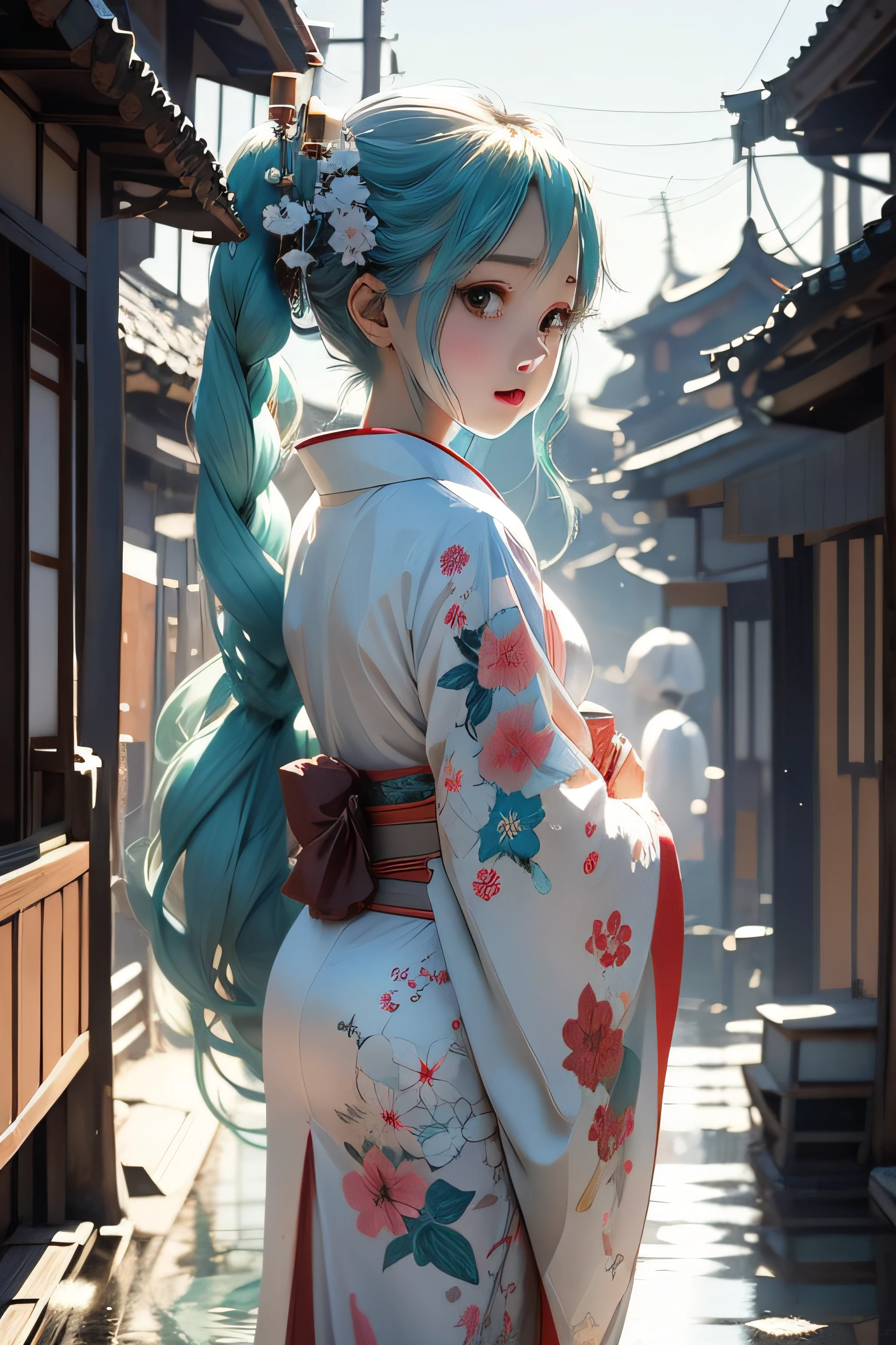 Hatsune Miku wears white kimono in old Japanese village