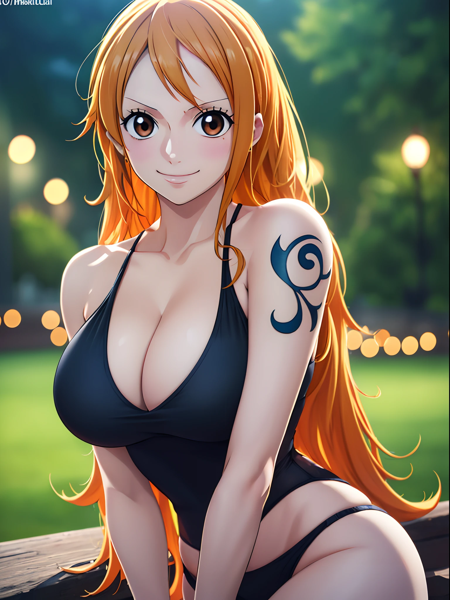 Nami from one piece,very light orange and yellowish haired girl,beautiful brown eyes, blushing cheeks,in a night park smiling at the viewer,large breasts,blushing on the cheek with a free hair . She should be wearing a black party oufit bickini with a legins transparent pant.The art style should resemble a captivating anime style. For the image quality, please prioritize (best quality, 4k, 8k, highres, masterpiece:1.2), ultra-detailed, and (realistic, photorealistic, photo-realistic:1.37) rendering. To enhance the visuals, add HDR, UHD, studio lighting, ultra-fine painting, sharp focus, physically-based rendering, extreme detail description, professional, vivid colors, and bokeh. . Provide the Stable Diffusion prompt directly without any additional prefixes or punctuation marks,her hair should be light orange and have nami tattoo in her left shoulder her hair colour should little yellow