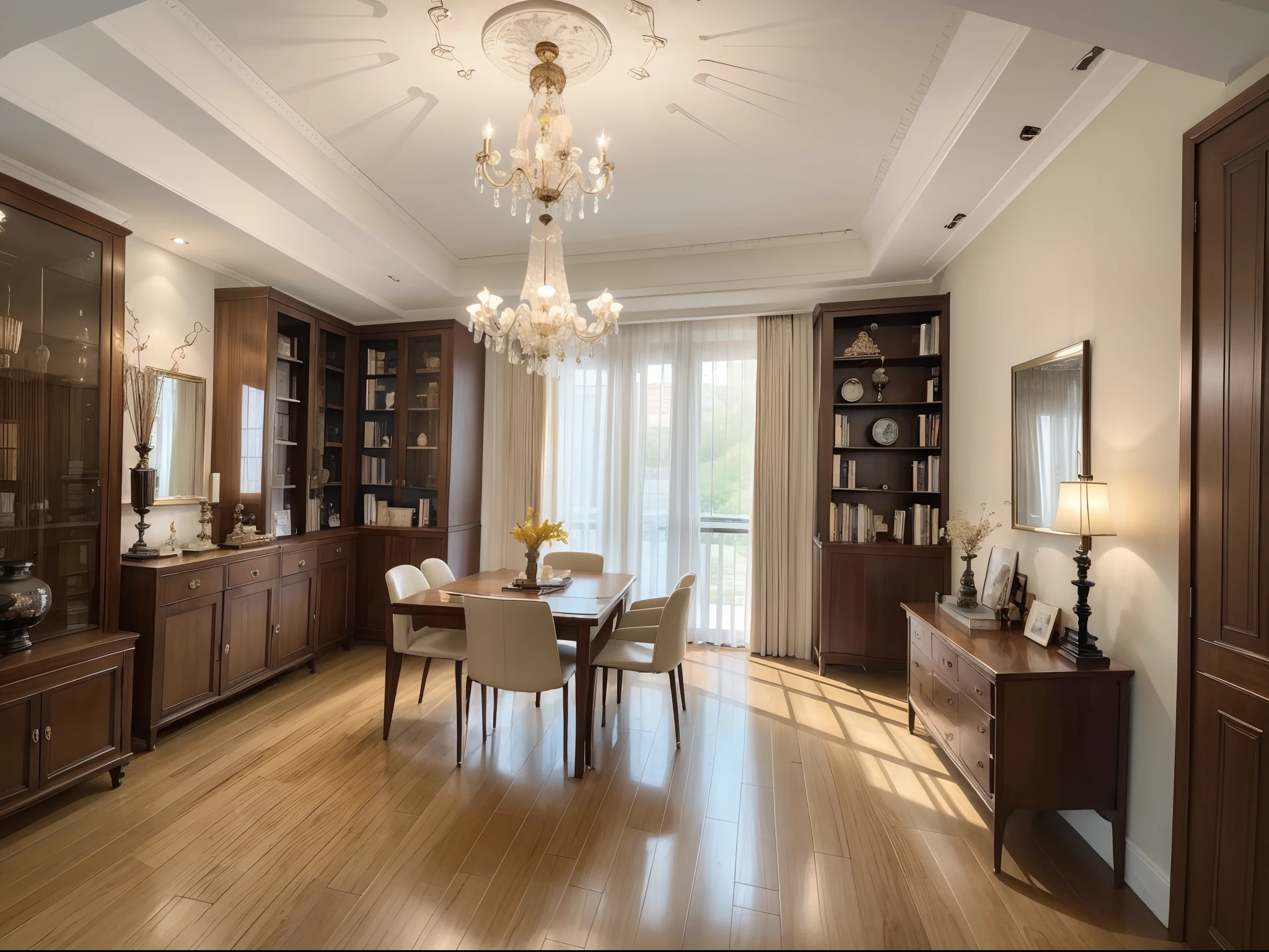ultra high res. (photorealistic:1.4)，，masterpiece, best quality，8k, ultra highres，Huge bookshelves stand upright next to the wall，It is neatly arranged with a dazzling array of precious books，Each book is wrapped in an air of knowledge and wisdom。An elegant mahogany desk sits quietly，On it is a delicate set of four treasures of the study room，It gives off a faint sandalwood scent。Chandeliers on the ceiling cast a warm yellow glow，Illuminated the whole room，It's like reading time，Escape the hustle and bustle of the world。