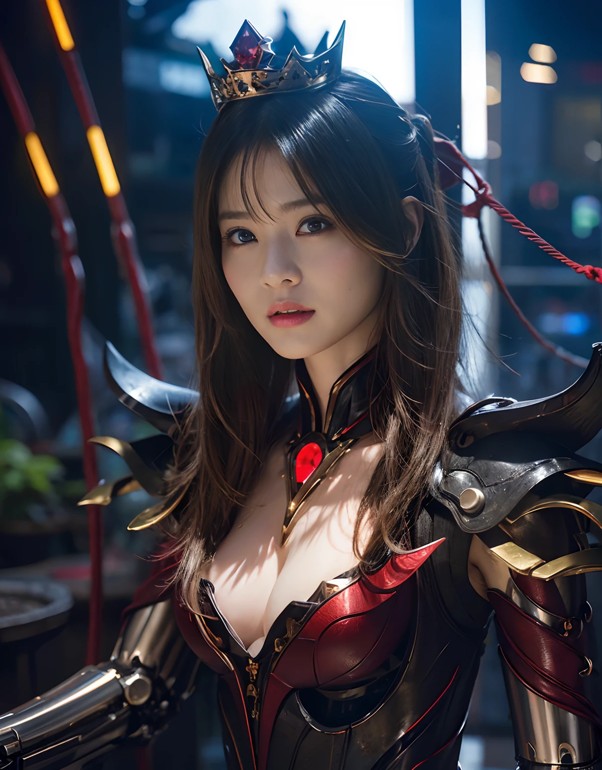 (1 Mechanical Girl)、top-quality、masterpiece、超A high resolution、(Wearing a crown made of jewels),(Photorealsitic:1.4)、Raw photo、1人、Golden hair、glowy skin、(((1 Mechanical Girl)))、(Realistic dragon background)、(Fight big dragons)、With a beautiful knife、(Metal bodysuit)、(beautiful forest background)、Precipitous cliffs、(Small LED)、((super realistic details))、portlate、globalillumination、Shadow、octan render、(One-Eyed Scouter)、With a laser knife、There are goblins、8K、ultrasharp、Colossal tits、Raw skin is exposed in cleavage、metals、Details of complex ornaments、Japan details、highly intricate detail、Realistic light、CGSoation Trends、Red Eyes、radiant eyes、Facing the camera、neon details、(Mechanical limbs)、(blood vessels connected to tubes)、Mechanical vertebrae attached to the back、mechanical cervical attaching to neck、(Wires and cables connecting to the head)、Gundam、Small LED、,Mechanical thighs、Toostock、(Hands are also made of machines)、
