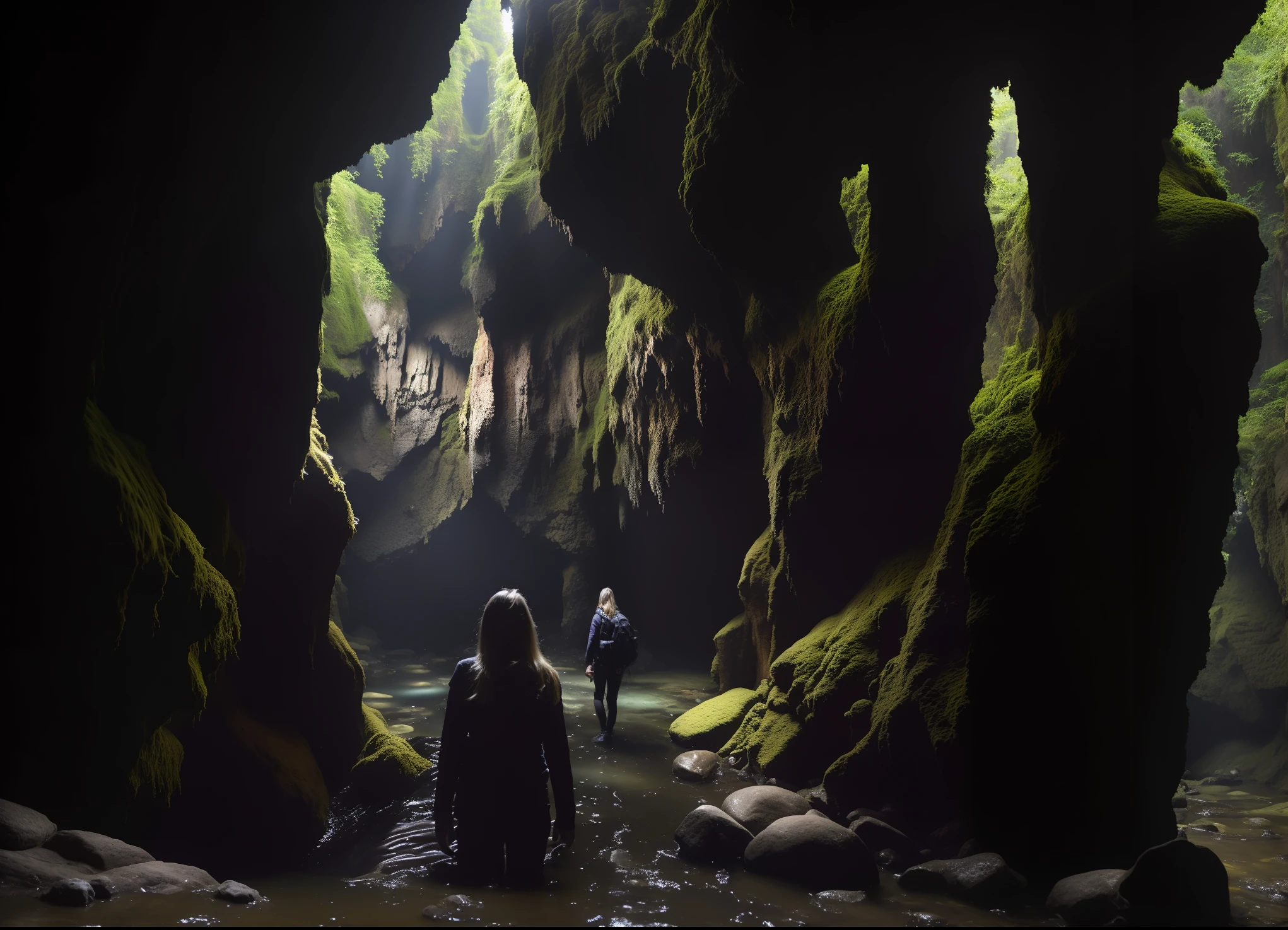 narrow cave with mossy rocks, lost in a cave, cave exploration, looking into a mysterious cave, stalagmites rocks, inside an enormous vast cave, inside a humongous cave, all inside an enormous cavern, magical cave, mysterious canyon streams, in a cave, caves, inside a gorge, ambient light