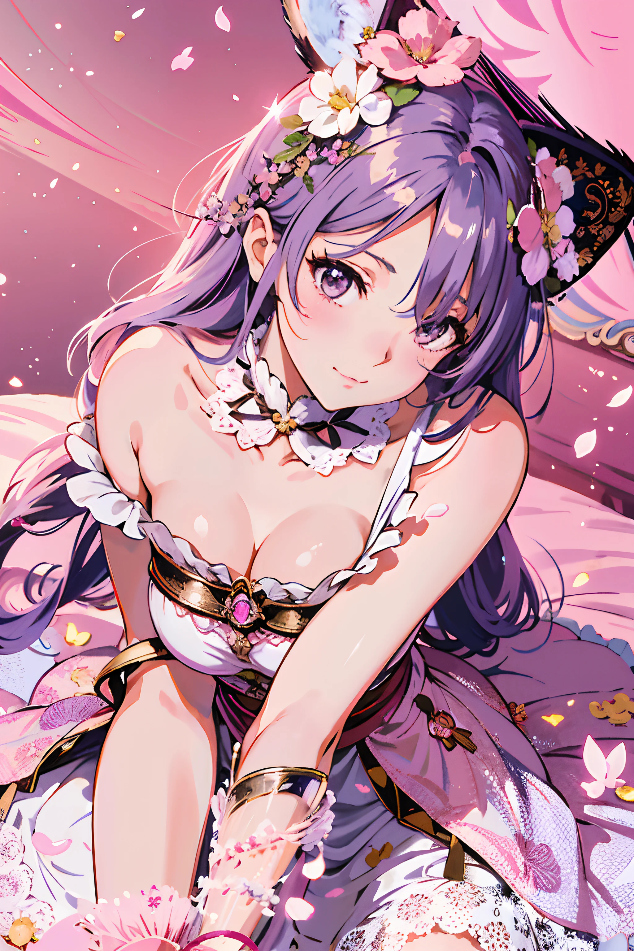 Anime girl with purple hair and rabbit ears sitting on bed, best anime 4k konachan wallpaper, Ayaka Genshin Impact, guweiz, Cute anime waifu in a nice dress, Detailed Digital Anime Art, cushart krenz key art feminine, anime goddess, from the azur lane videogame, guweiz on pixiv artstation