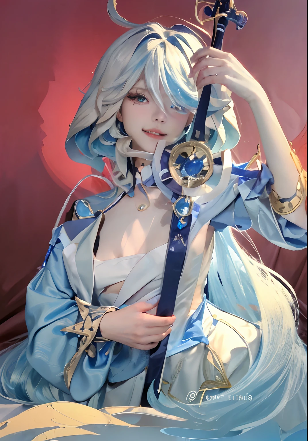 ((Best picture quality, 8K, tmasterpiece:1.3)), 1 girl like. Furina Beautiful woman with slender abs:1.3, (white blue hairstyle like a furina in genshin impact, No leakage of big breasts:1.1), V-neck dress:1.1, Silk dress，Ultra-fine face, A detailed eye, 二重まぶた，ssmile，Home，adolable，parted lip，japanaese girl，a 
